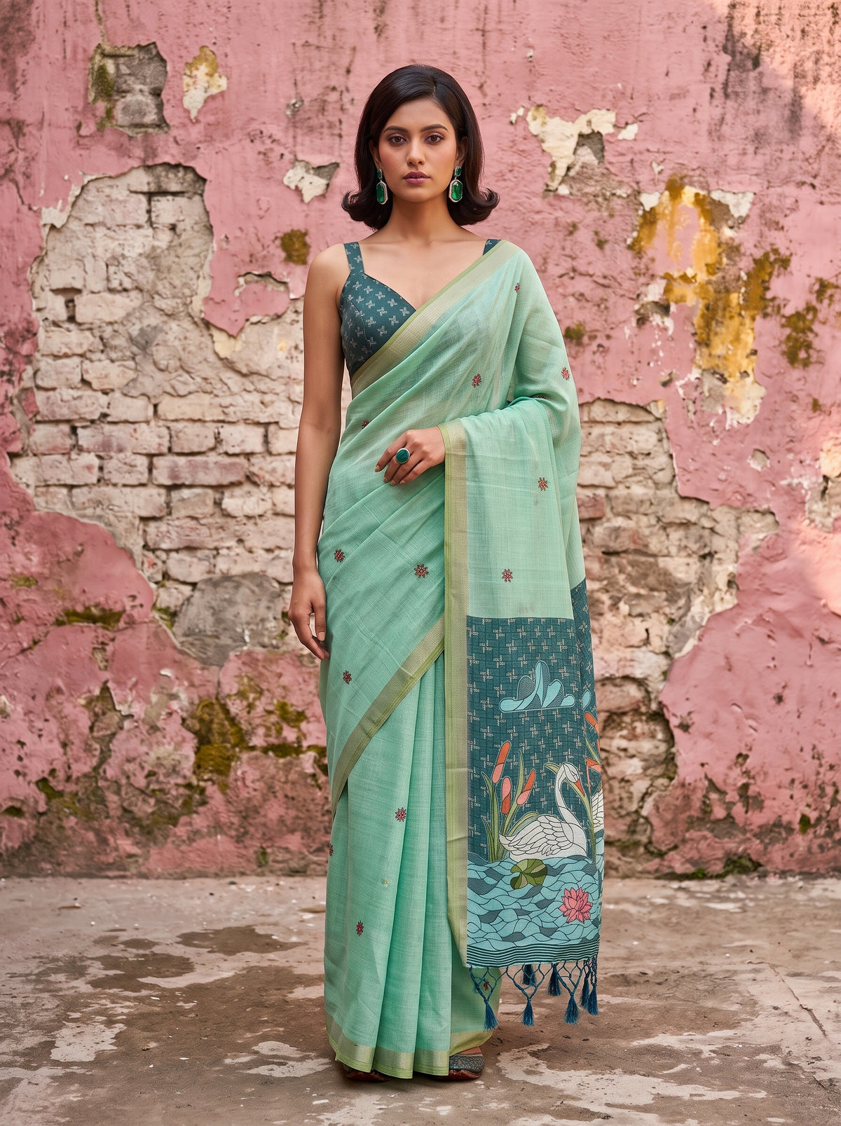 MIMOSA Rama Bhagalpuri Cotton Saree — front view on mannequin