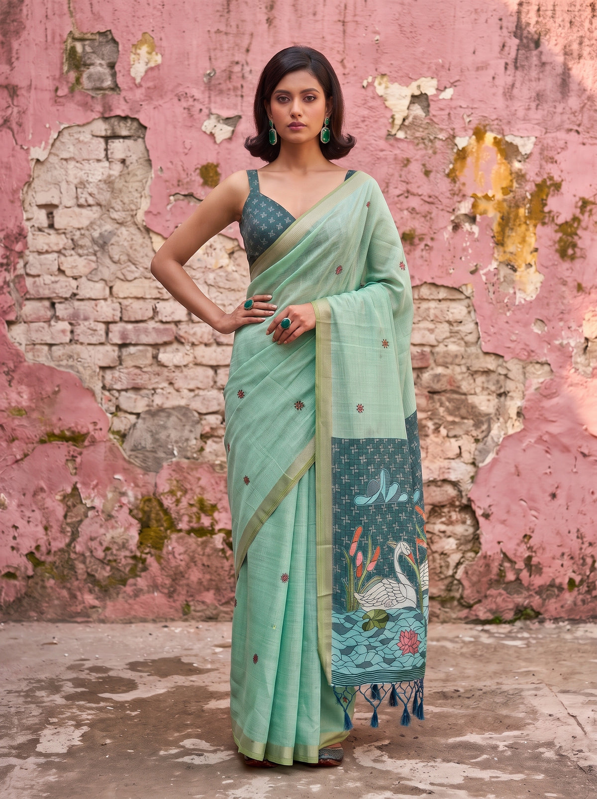 MIMOSA Rama Bhagalpuri Cotton Saree — pose 4 styling detail