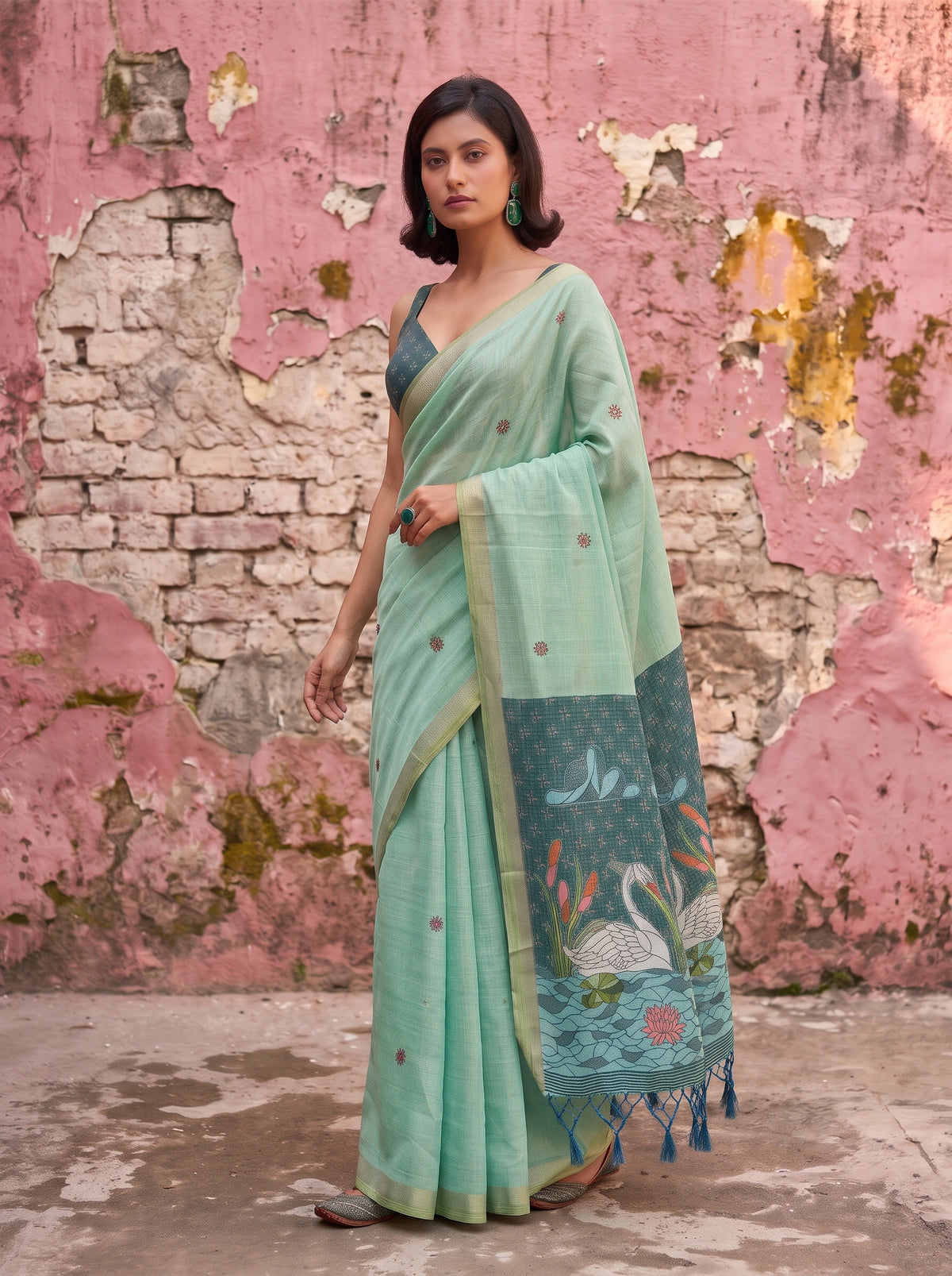 MIMOSA Rama Bhagalpuri Cotton Saree — pose 9 styling detail
