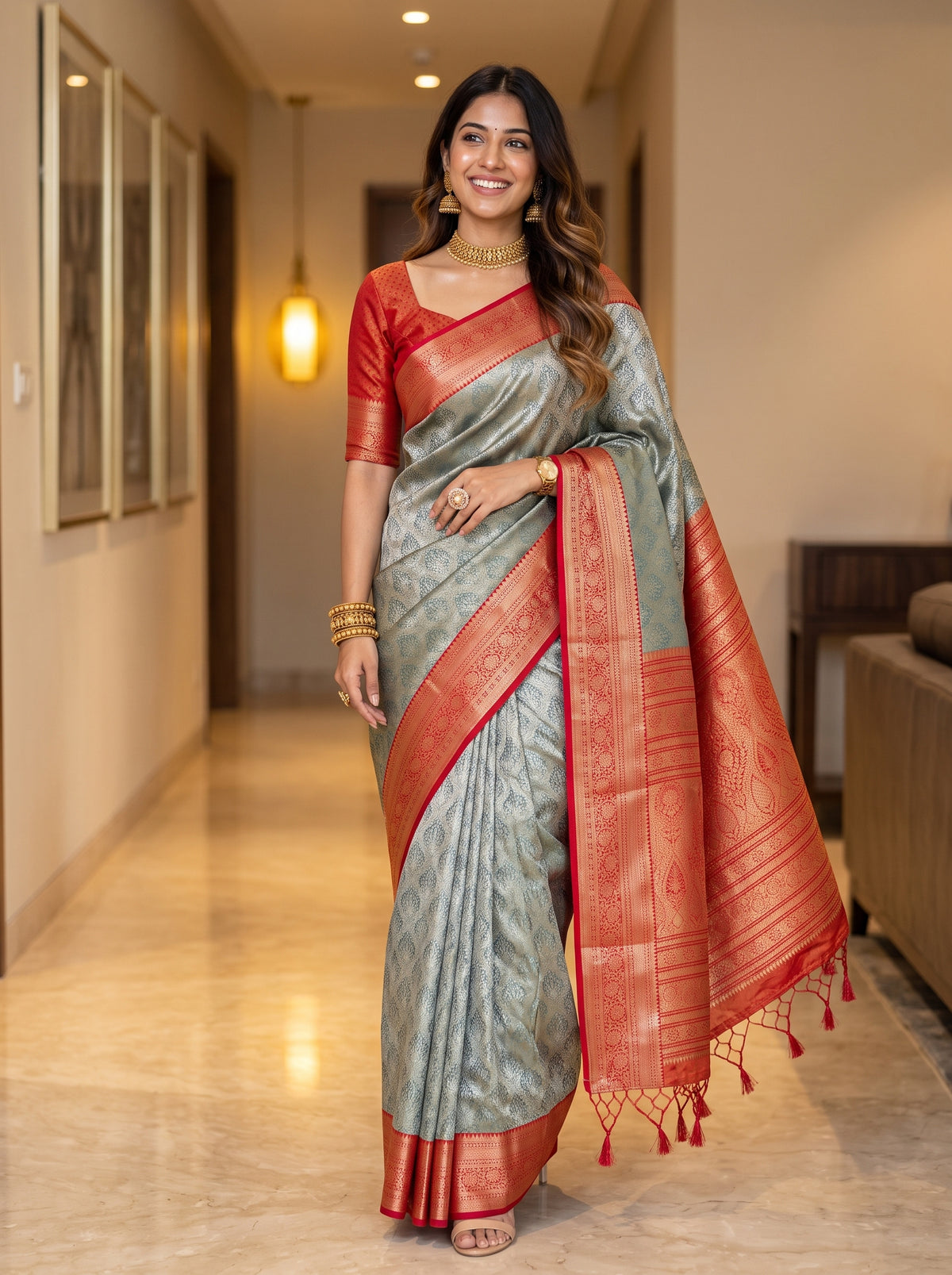 MIMOSA Bottle Green Kanjivaram Saree — front view on mannequin