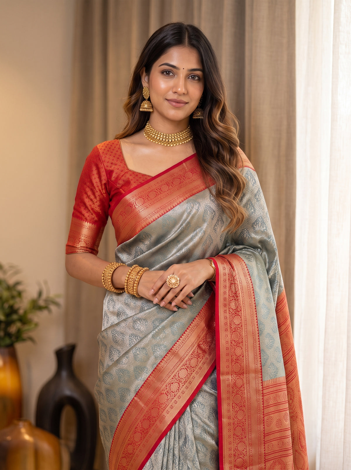 MIMOSA Bottle Green Kanjivaram Saree — pose 10 styling detail
