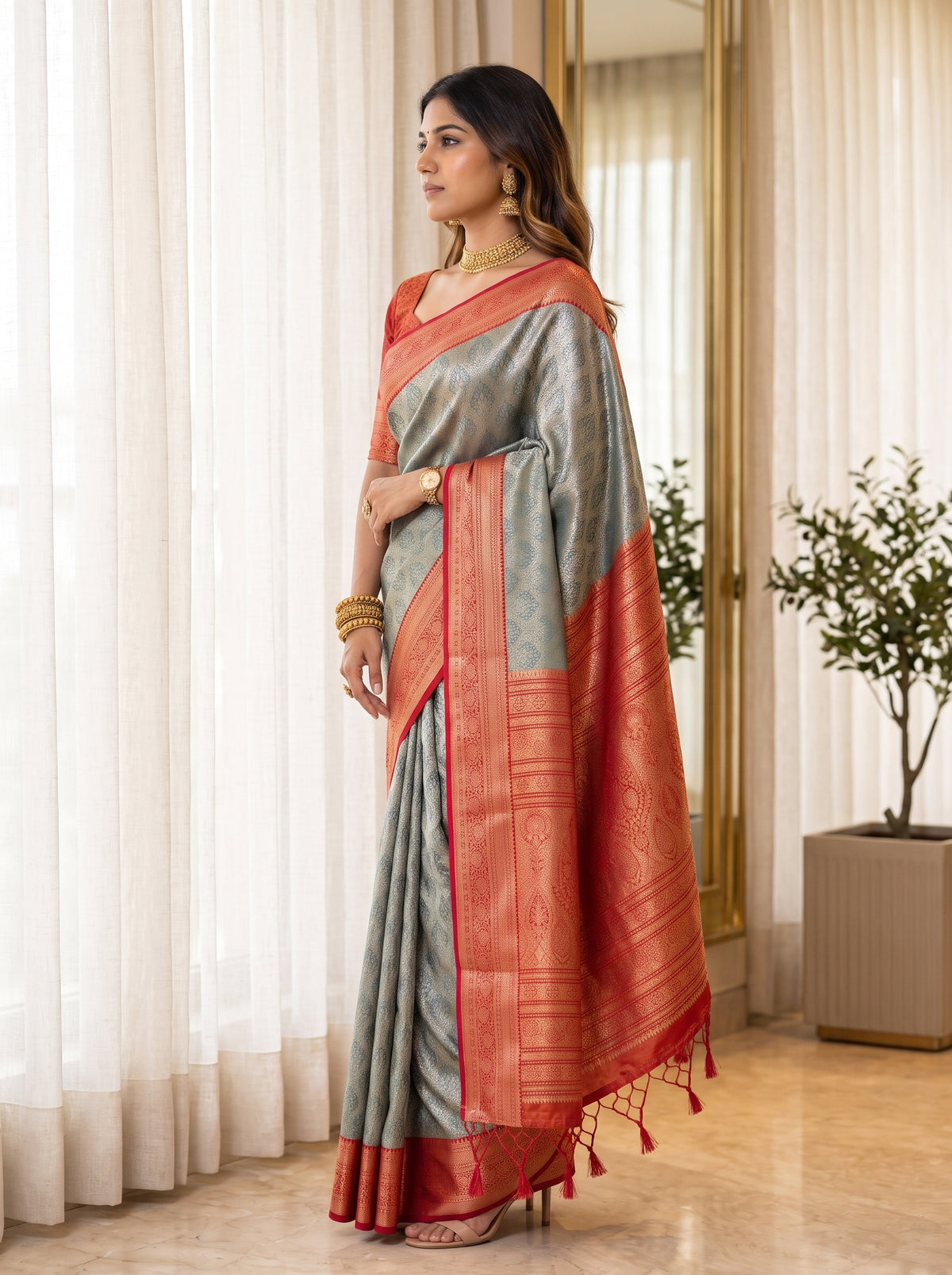 MIMOSA Bottle Green Kanjivaram Saree — pose 3 styling detail