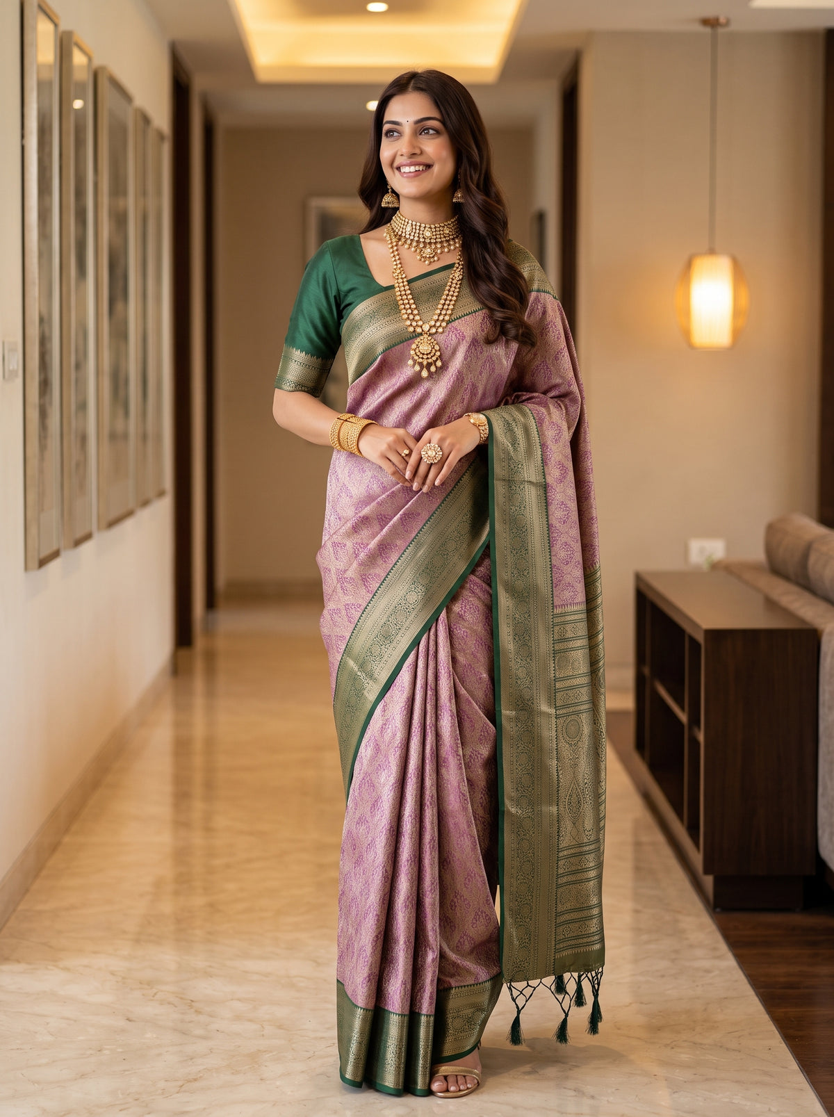 MIMOSA Magenta Kanjivaram Saree — front view on mannequin