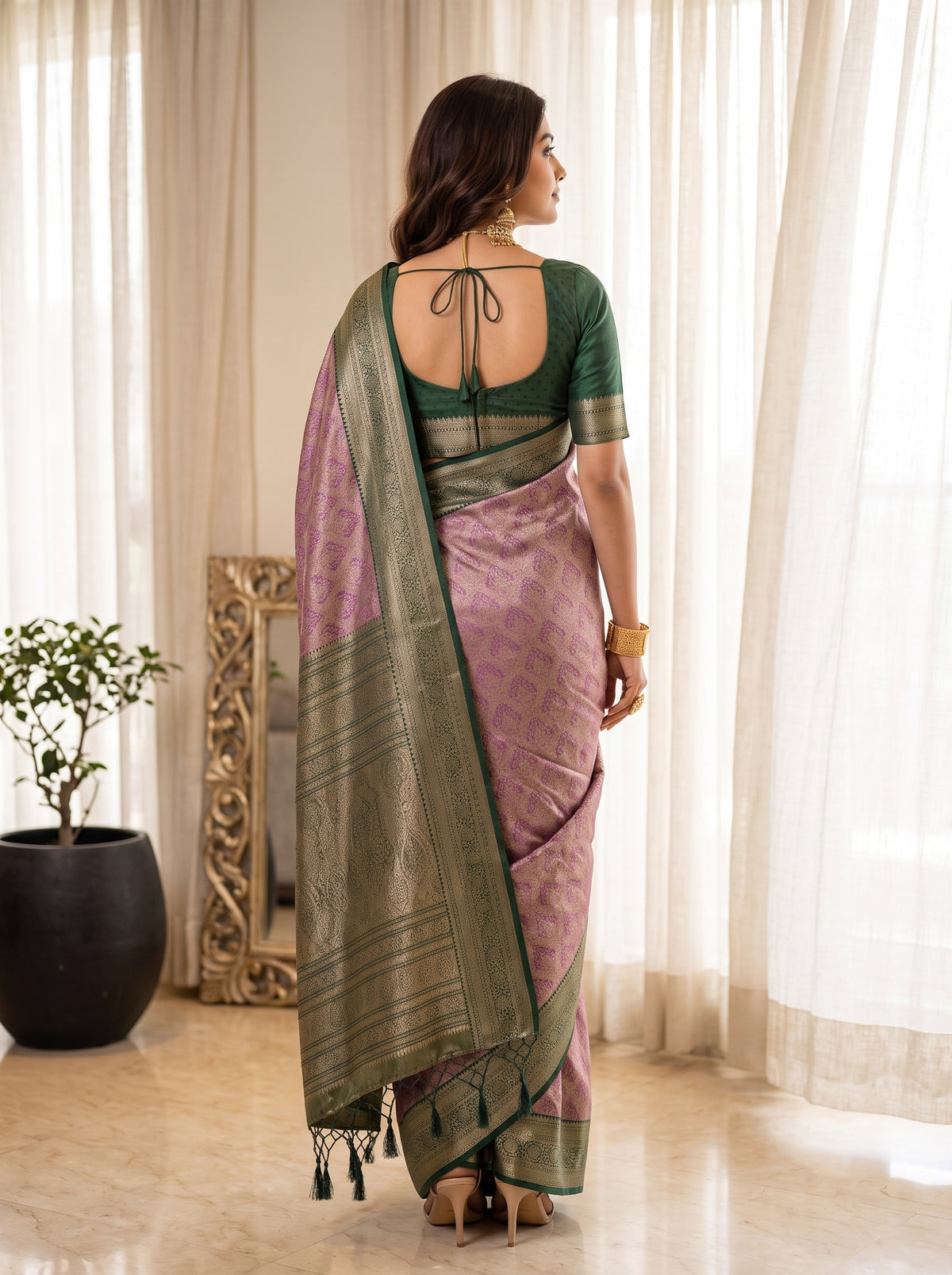 MIMOSA Magenta Kanjivaram Saree — pose 2 styling detail