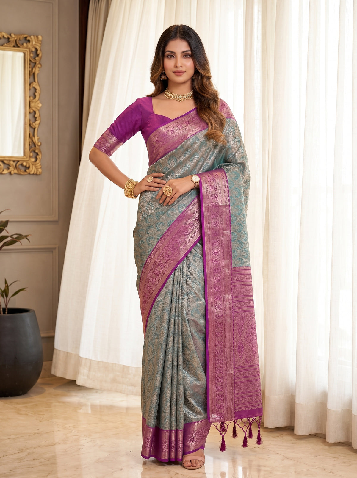 MIMOSA Sapphire Kanjivaram Saree — pose 4 styling detail