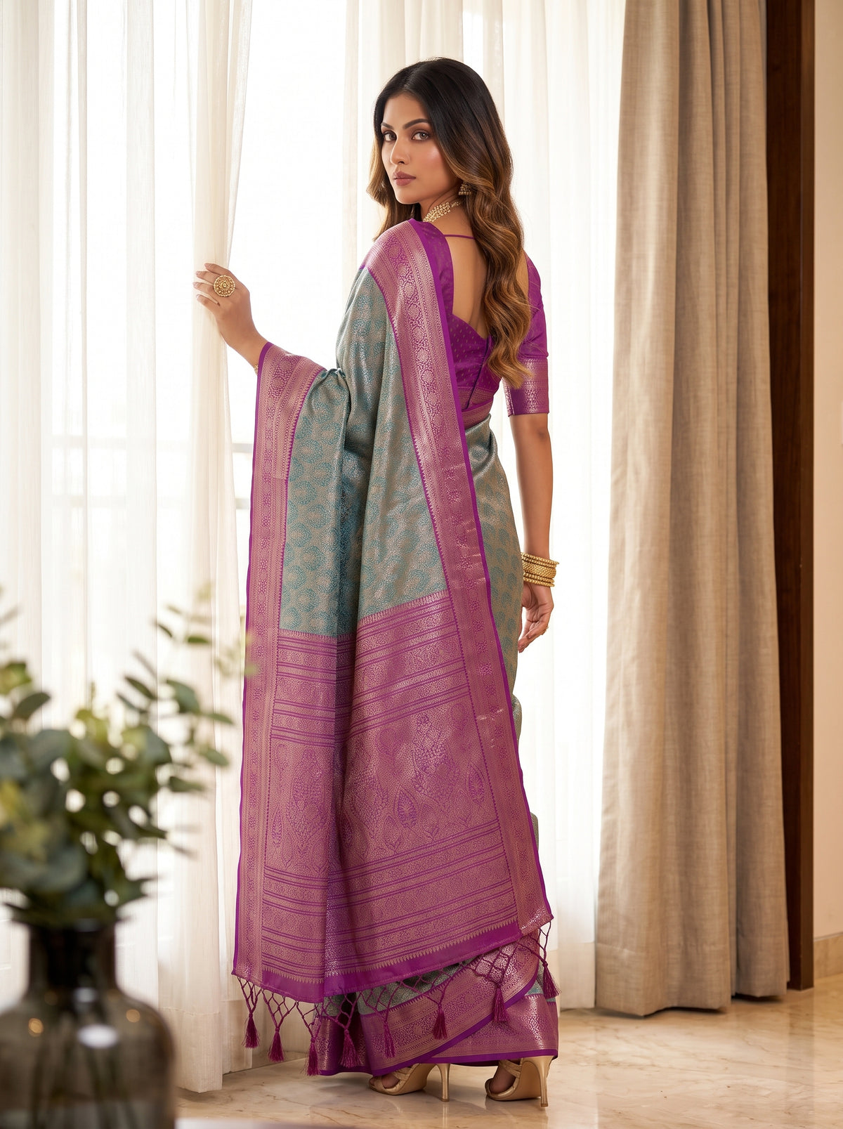 MIMOSA Sapphire Kanjivaram Saree — pose 7 styling detail