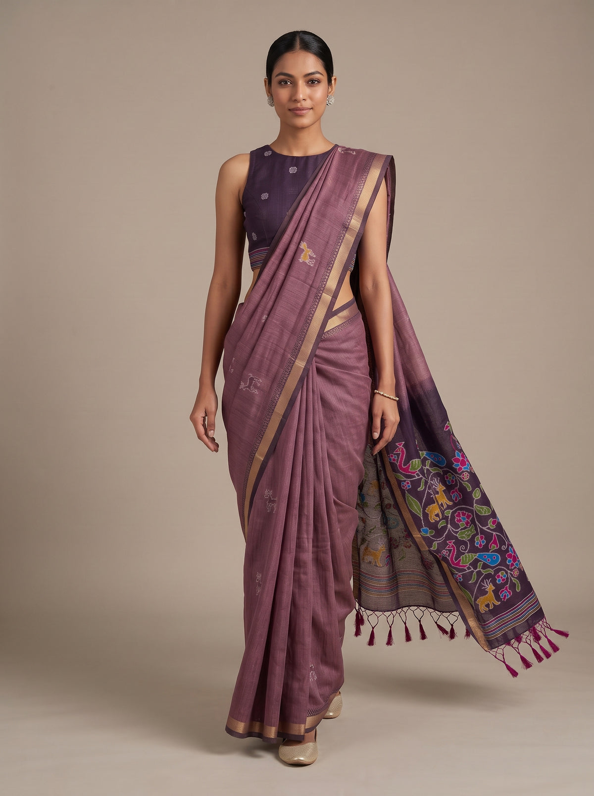 MIMOSA Wine Bhagalpuri Cotton linen Saree — close-up of model's torso