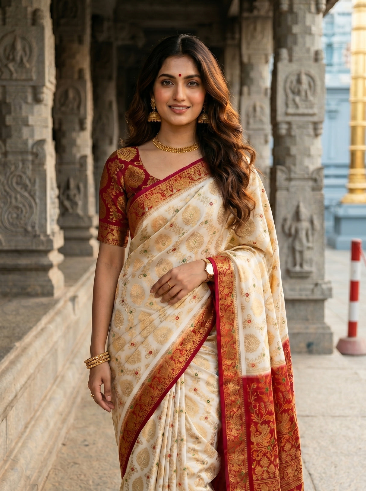 MIMOSA White Kanjivaram Saree — pose 10 styling detail