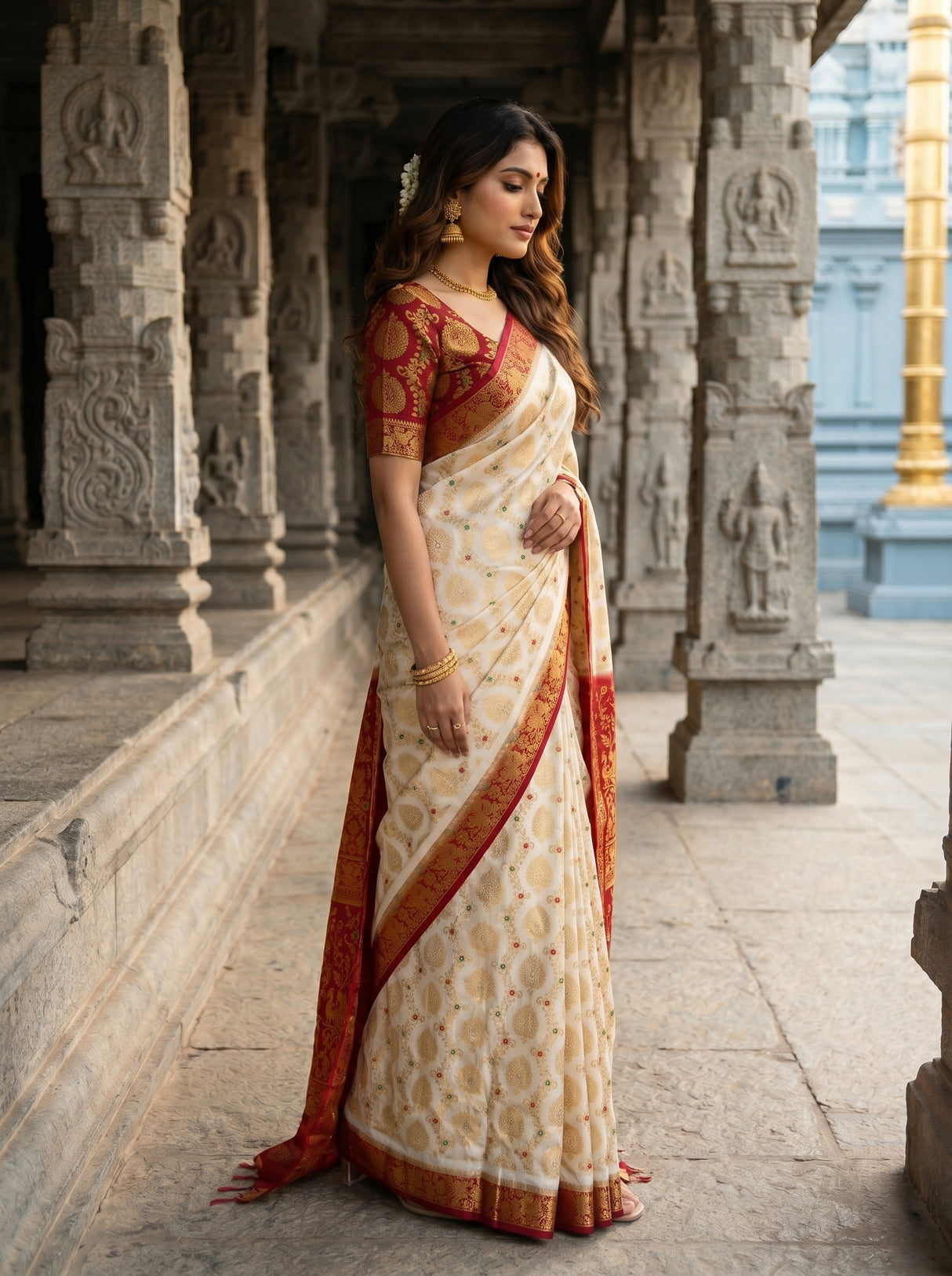MIMOSA White Kanjivaram Art Silk Saree — Blouse detail