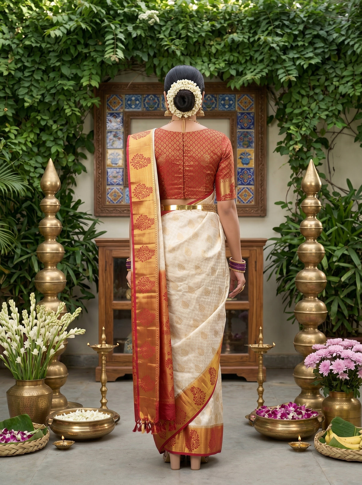 MIMOSA White Kanjivaram Art Silk Saree — Model lifestyle pose
