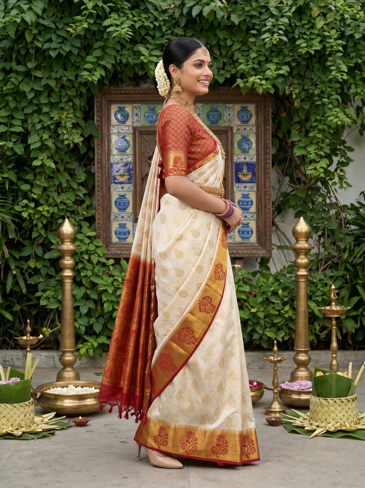 MIMOSA White Kanjivaram Art Silk Saree — pose 3 styling detail