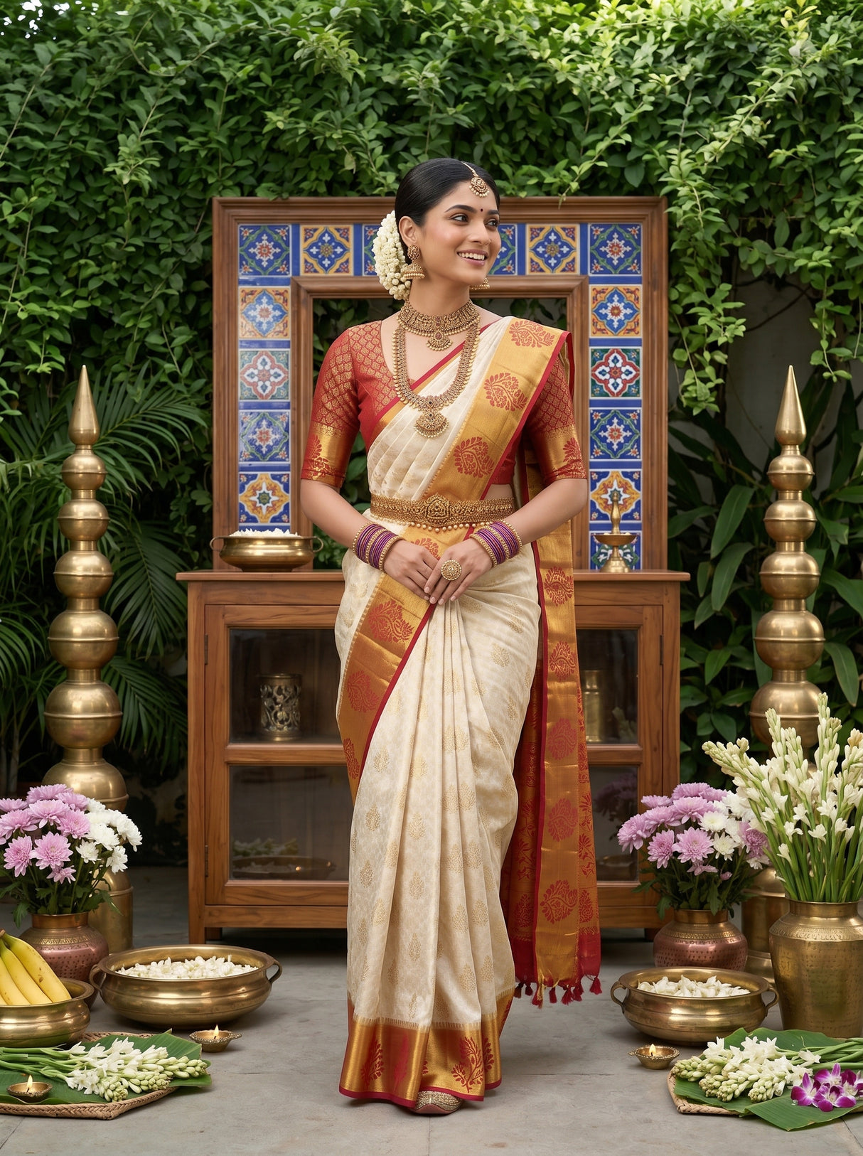 MIMOSA White Kanjivaram Art Silk Saree — pose 5 styling detail