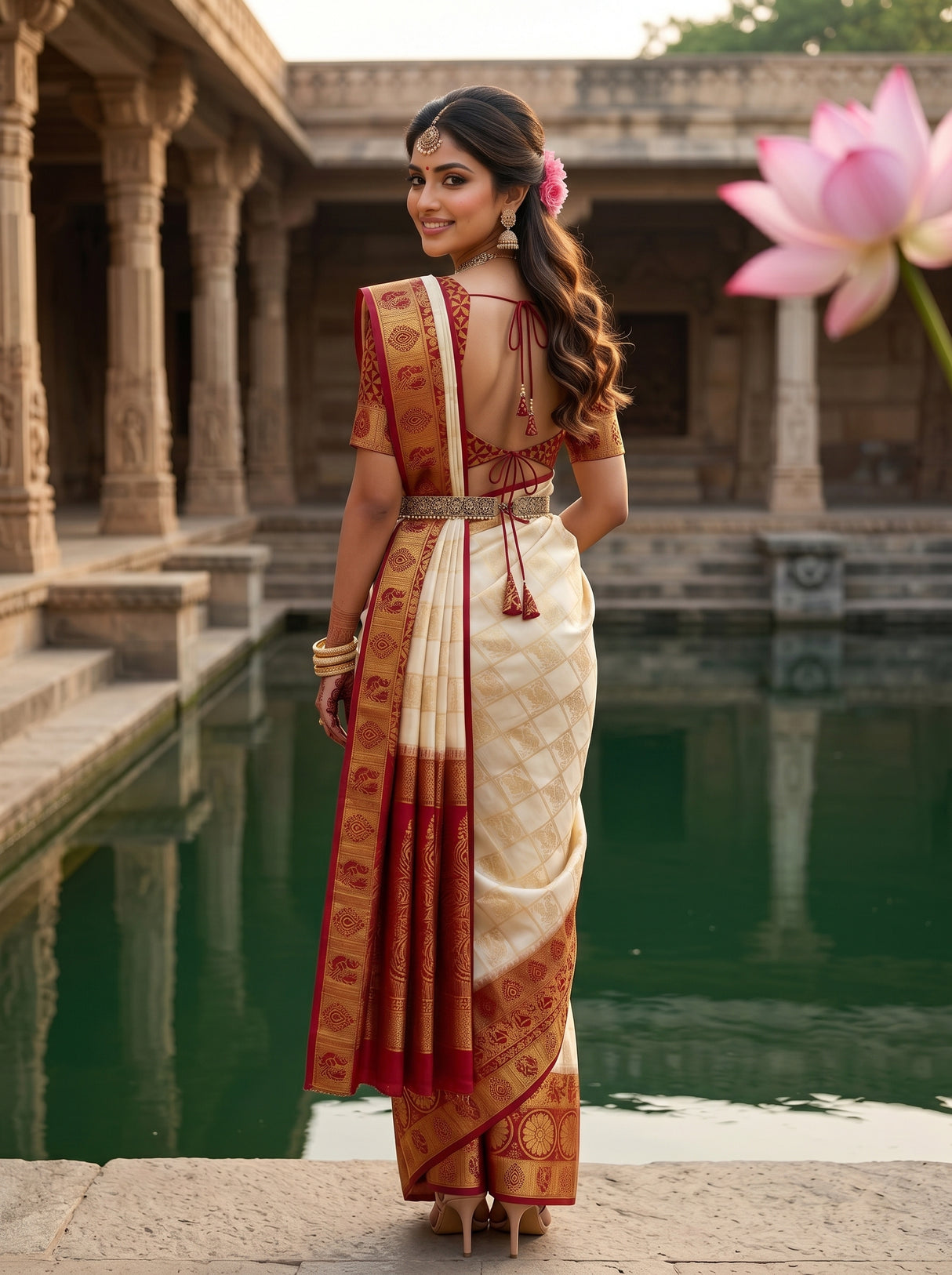 MIMOSA White Kanjivaram Art Silk Saree — Saree pallu and body details
