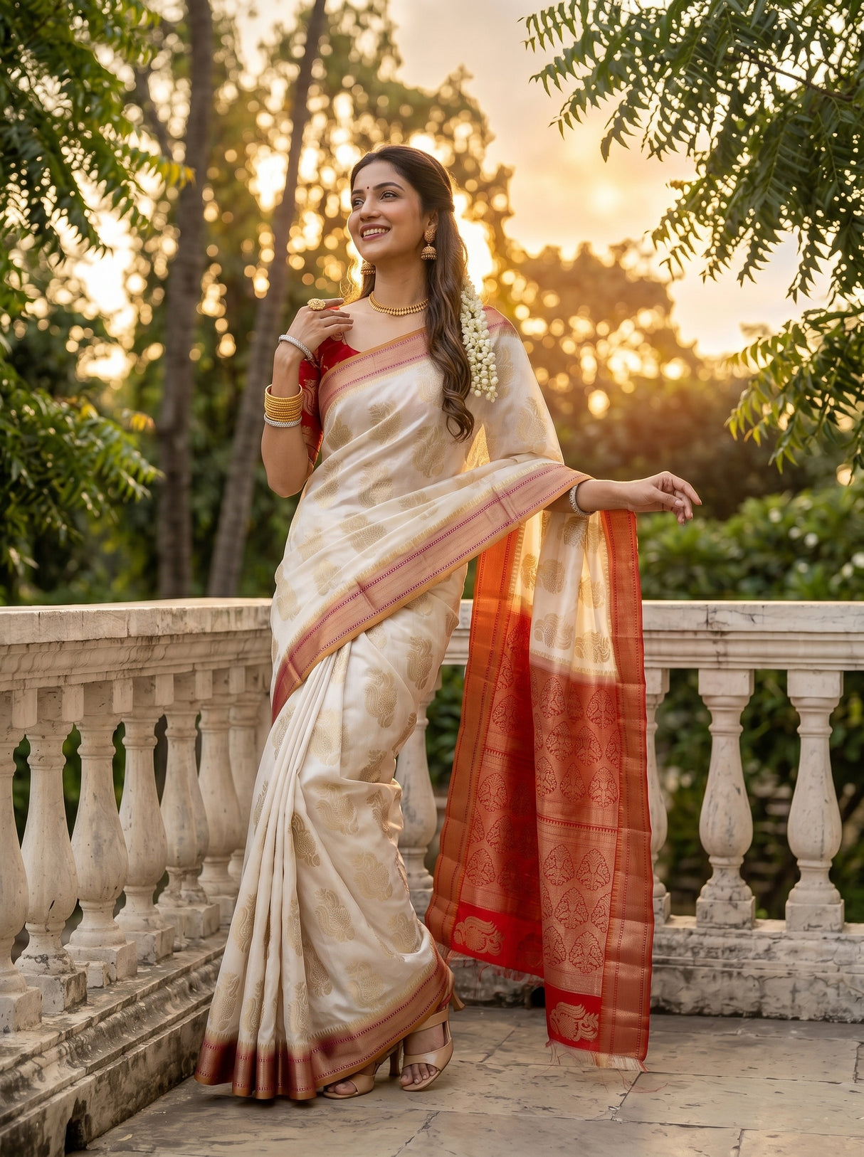 MIMOSA White Kanjivaram Art Silk Saree — close-up of draped pleats and feet