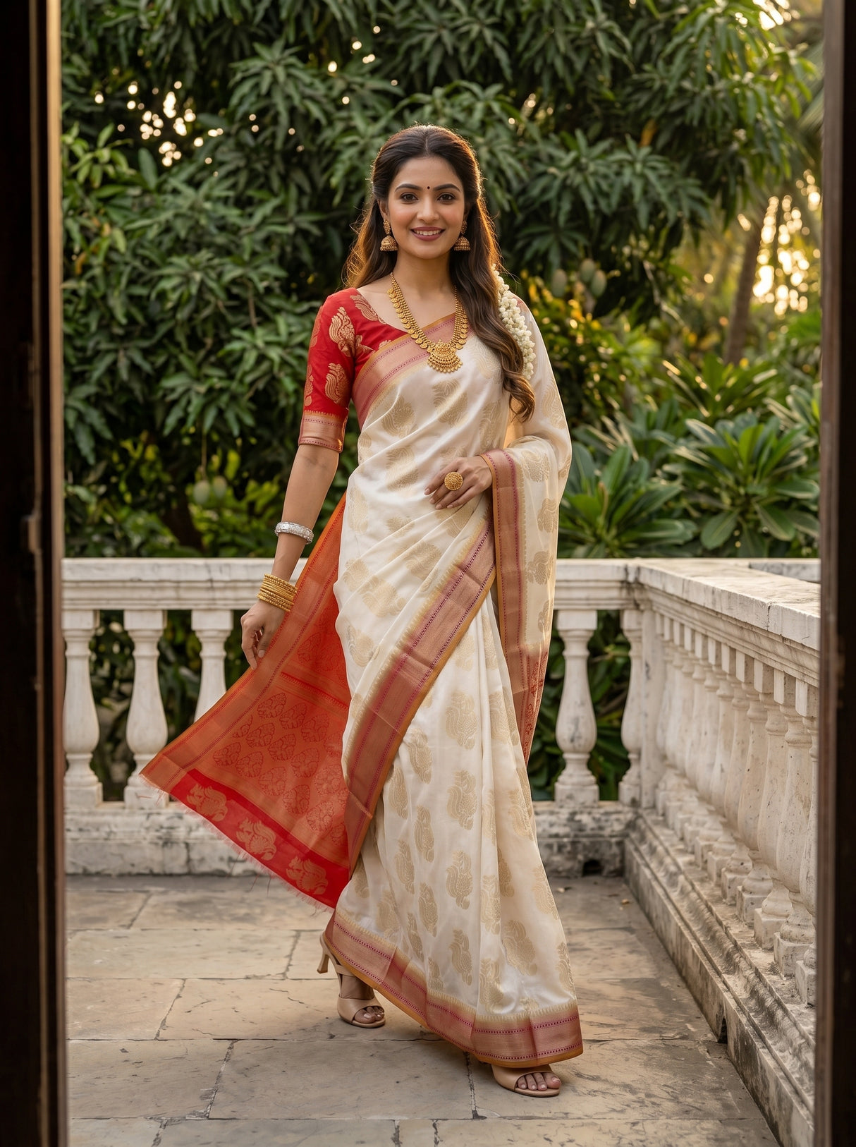 MIMOSA White Kanjivaram Art Silk Saree — pose 6 styling detail