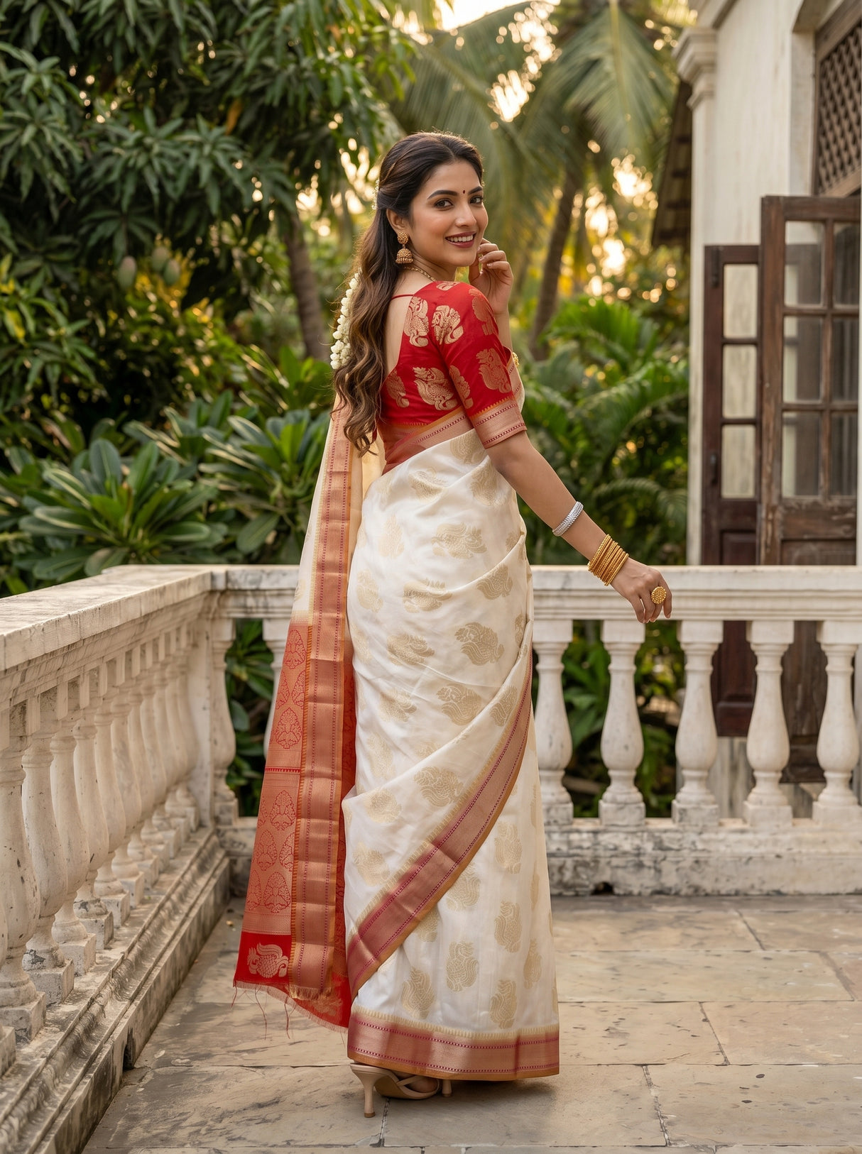 MIMOSA White Kanjivaram Art Silk Saree — pose 7 styling detail