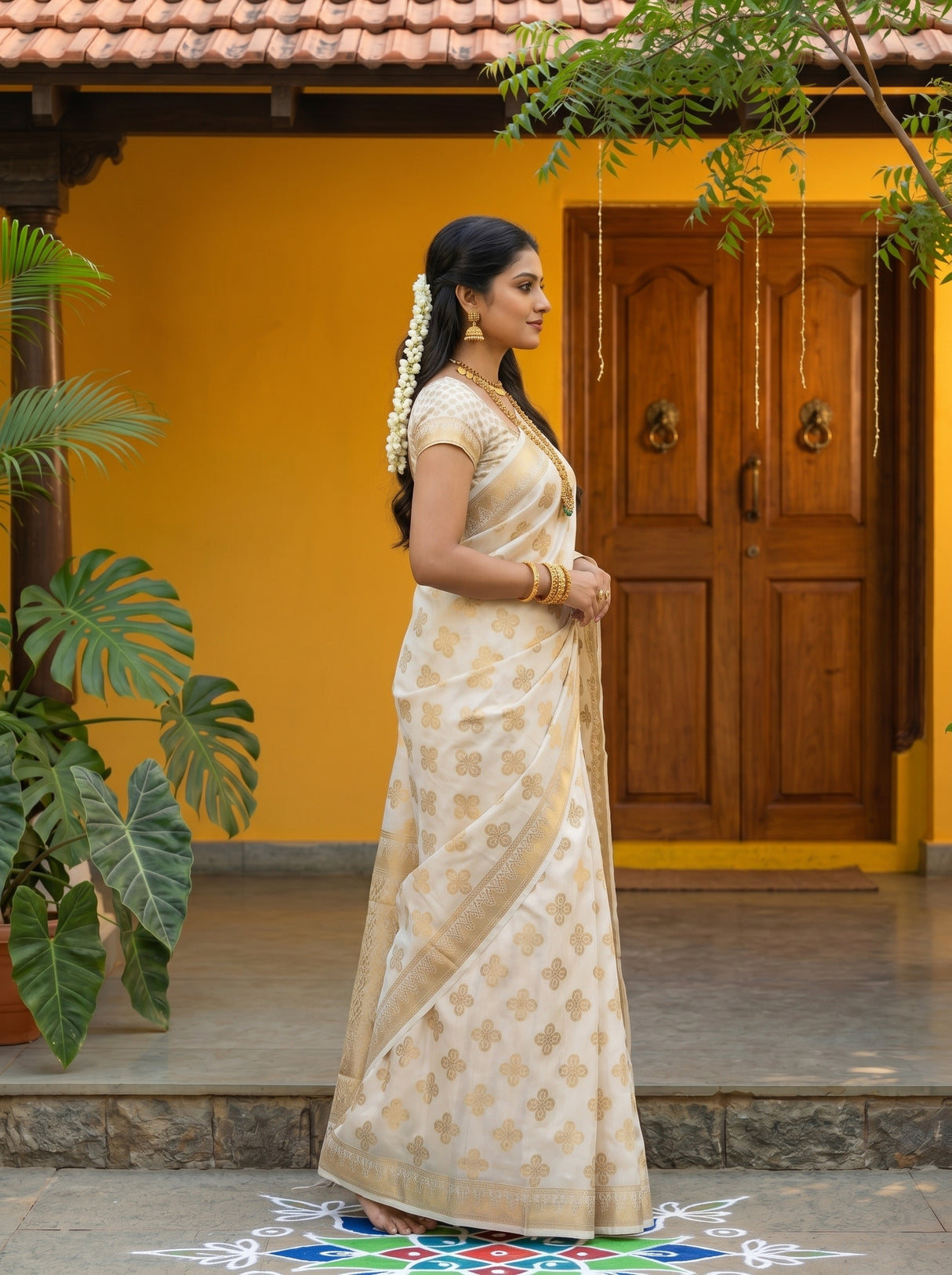 MIMOSA White Mysore Silk Saree — pose 3 styling detail