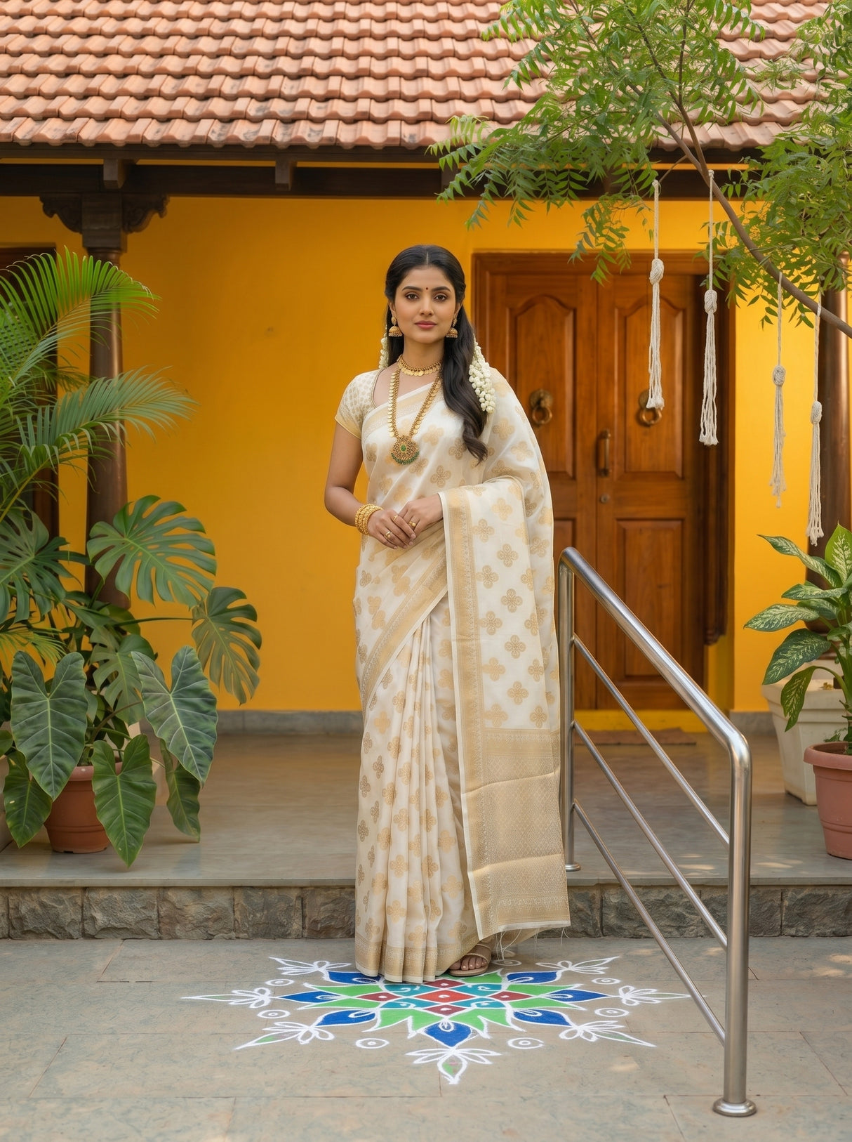 MIMOSA White Mysore Silk Saree — pose 5 styling detail