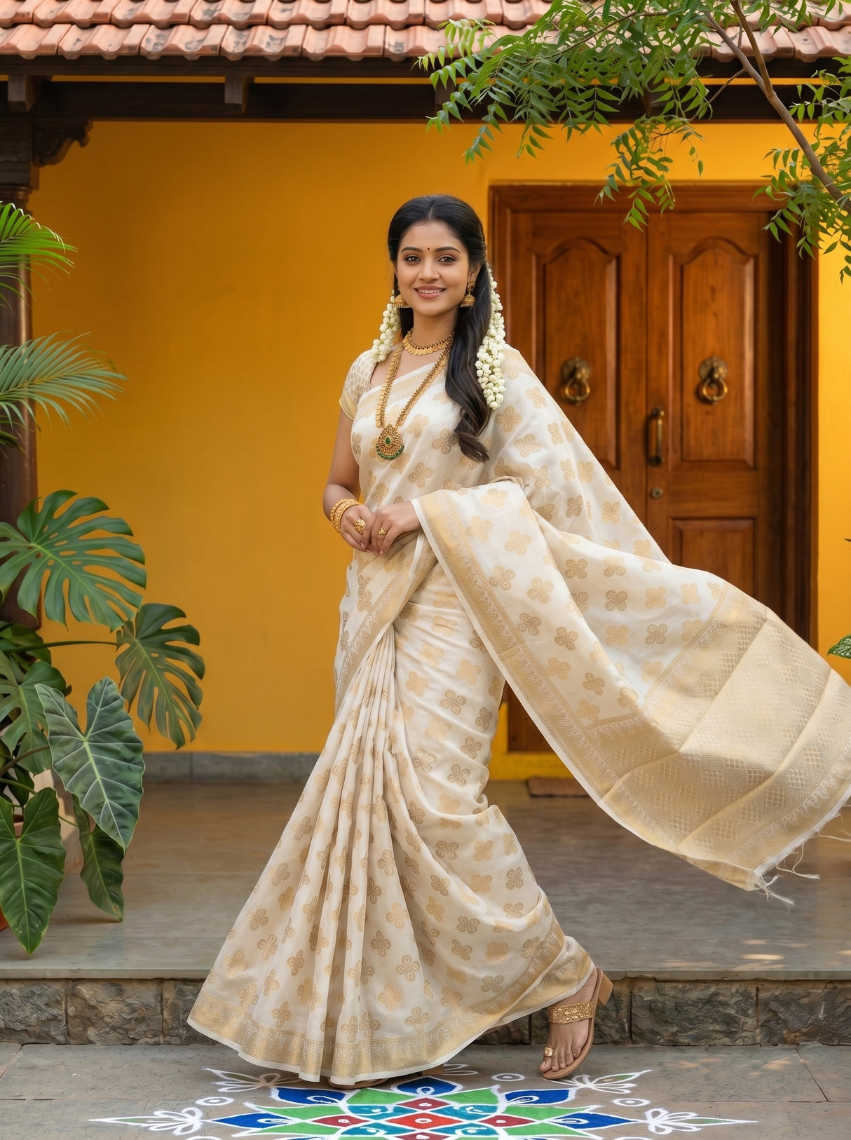 MIMOSA White Mysore Silk Saree — pose 6 styling detail