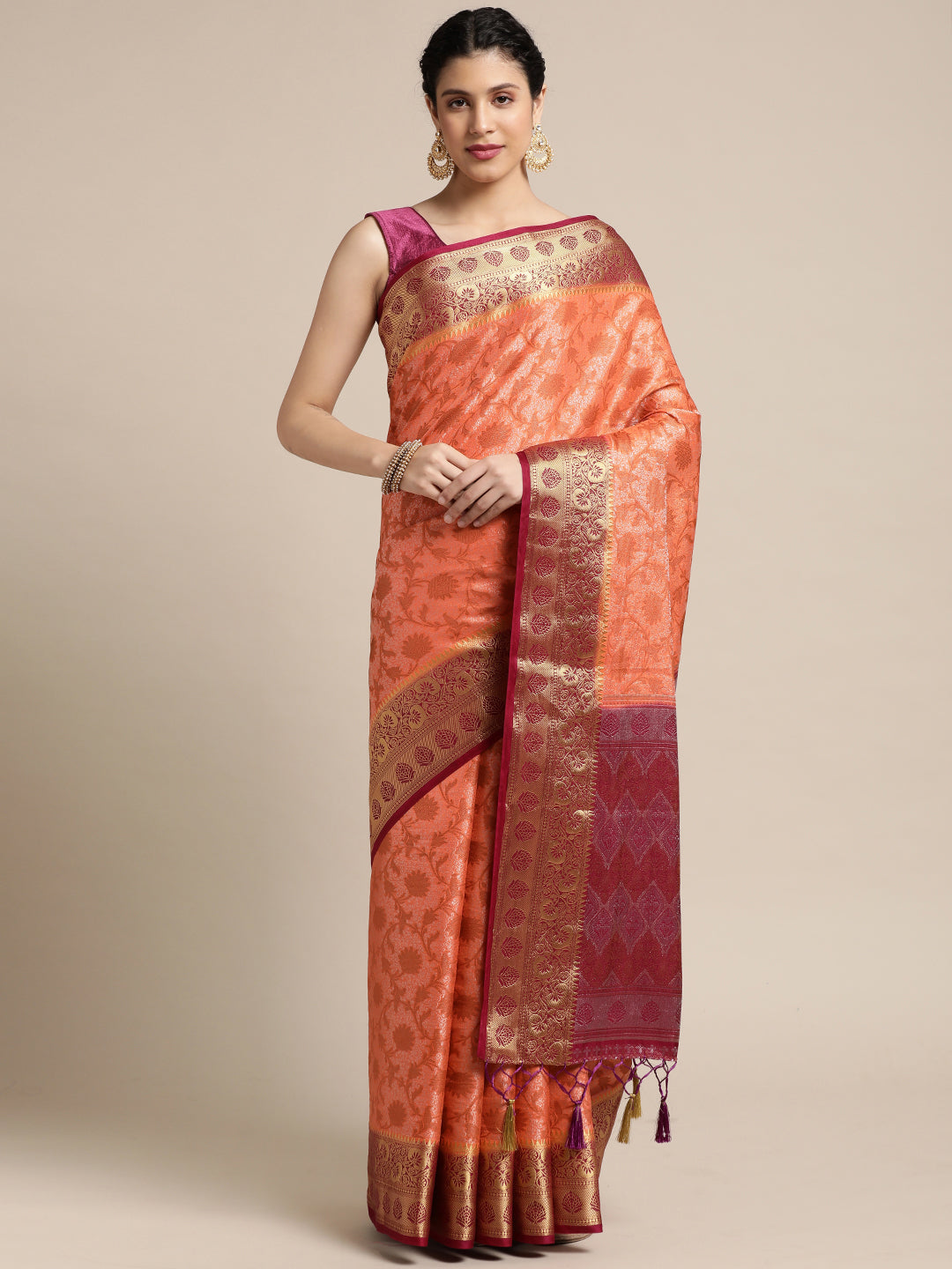 Mimosa Womens Art Silk Saree Kanjivaram Peach Color
