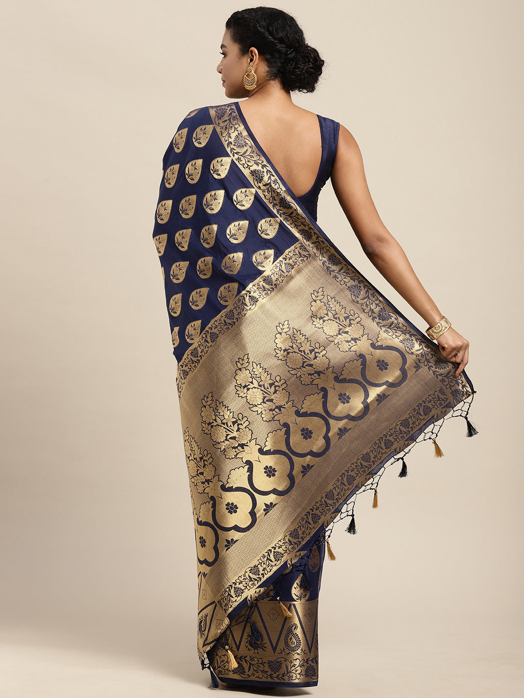 Mimosa Womens Crepe Saree Mysore Silk Navy Blue Color