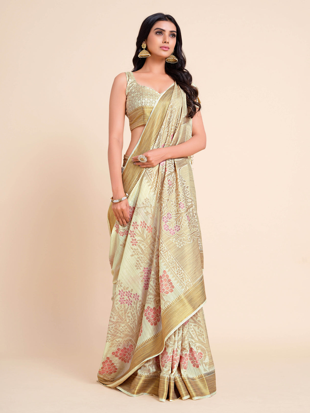 Mimosa Womens Art Silk Saree Kanjivaram style Cream Color