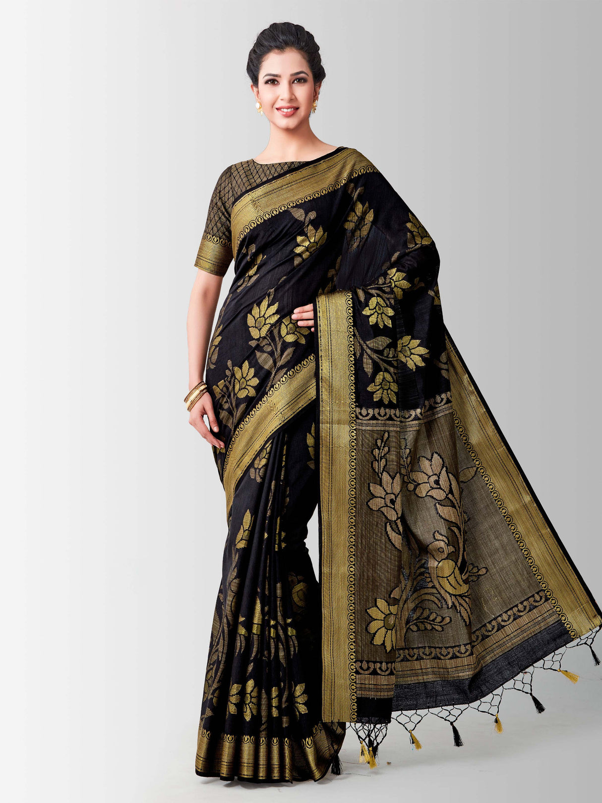 Mimosa Womens Art Silk Saree Kanjivaram Black Color