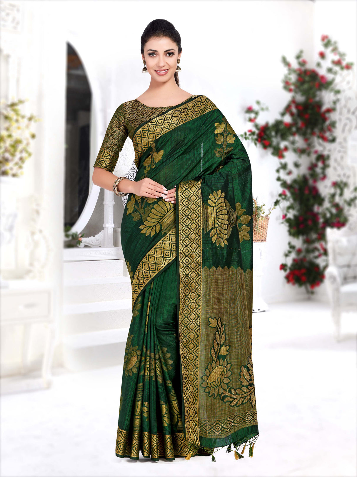 Mimosa Womens Art Silk Saree Kanjivaram BGreen Color