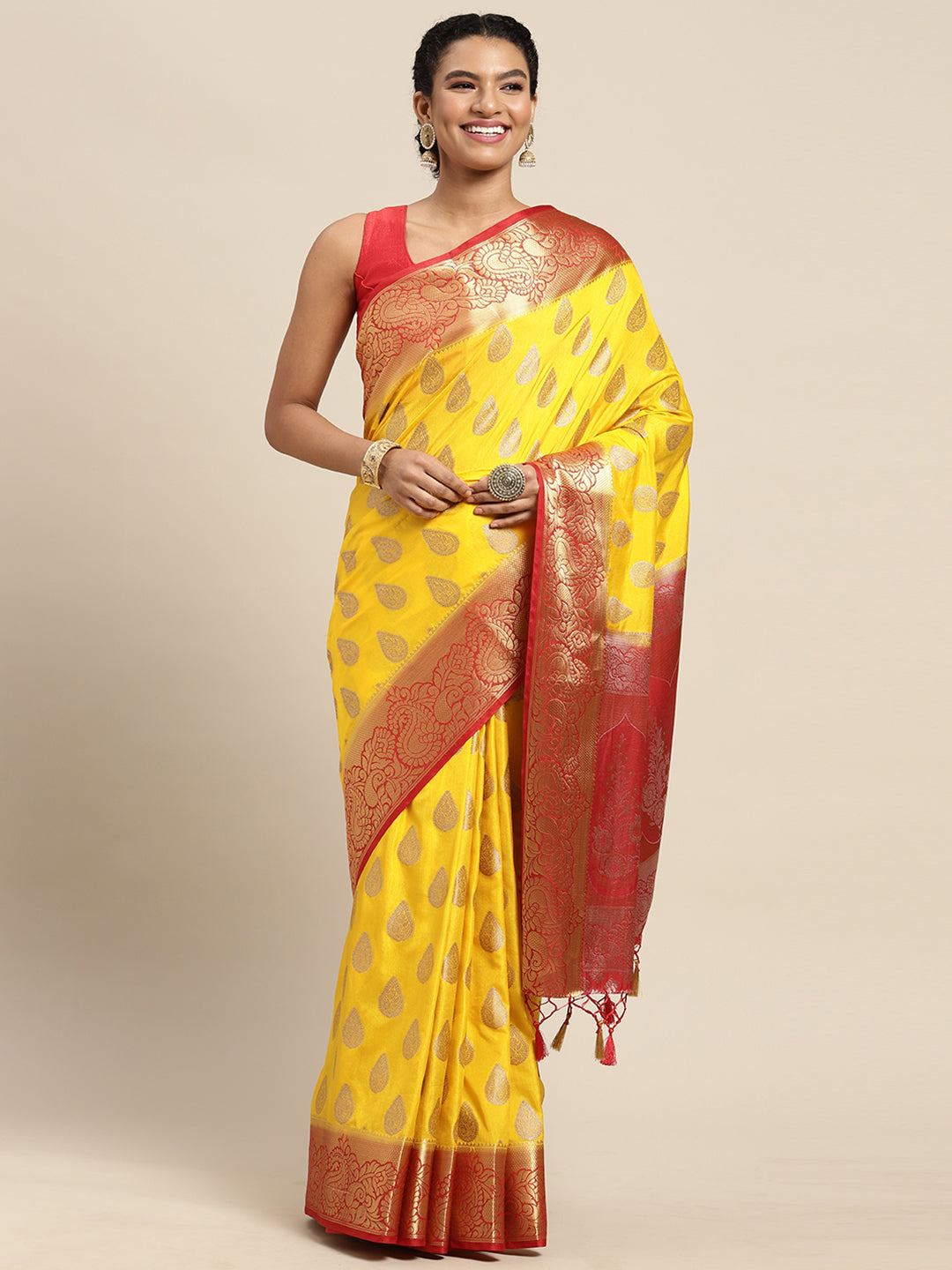 Mimosa Womens Art Silk Saree Kanjivaram Gold Color