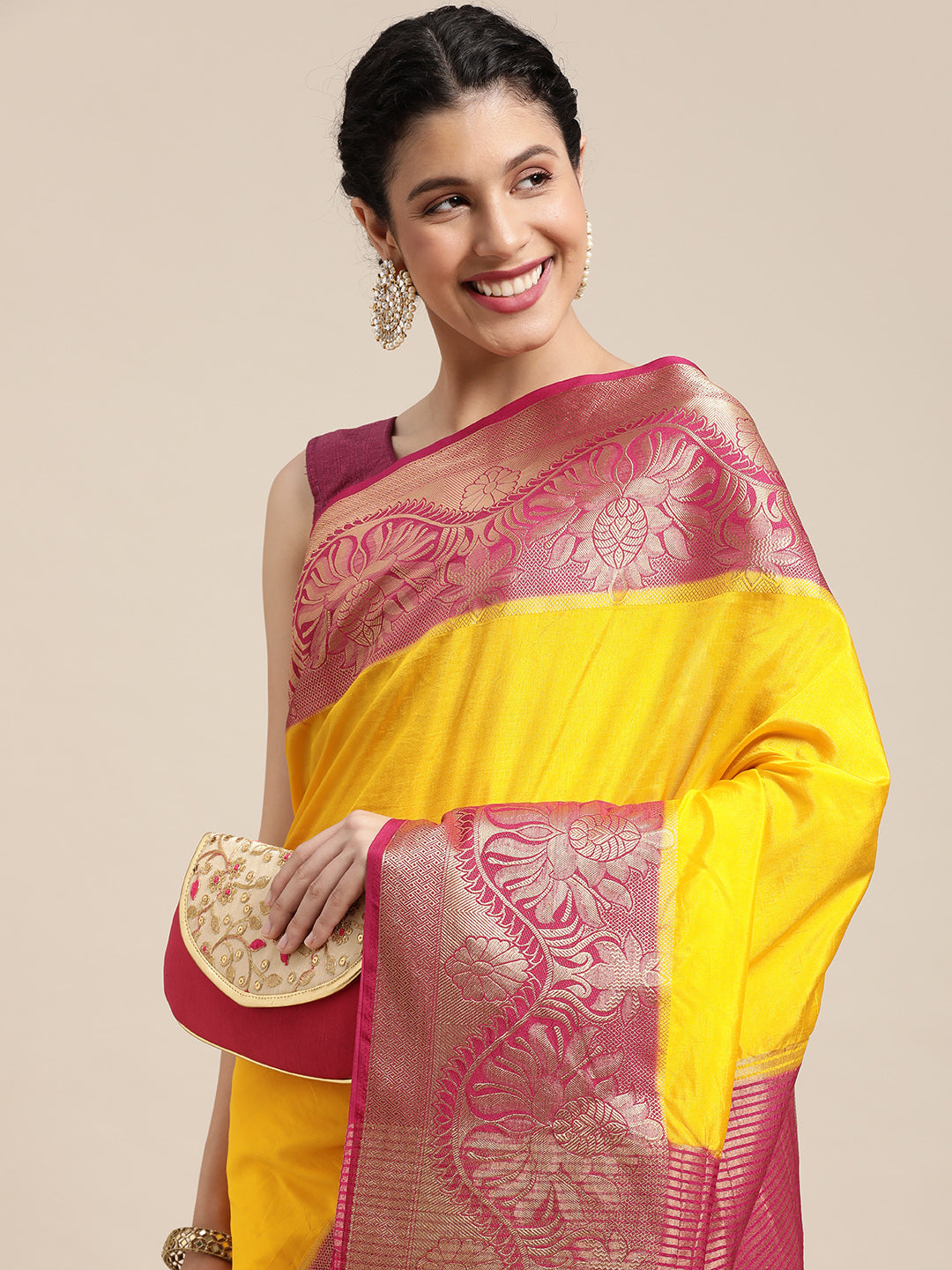 Mimosa Womens Art Silk Saree Kanjivaram Gold Color