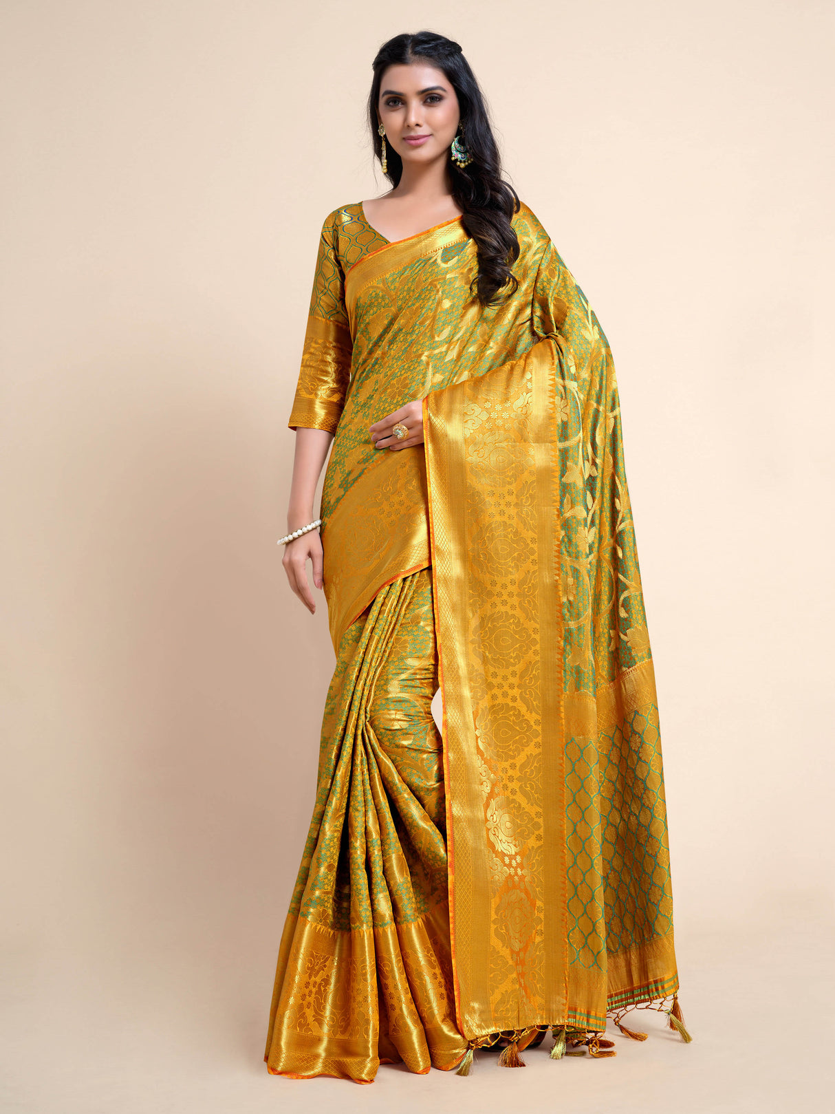 Mimosa Womens Art Silk Saree Kanjivaram Mustard Color