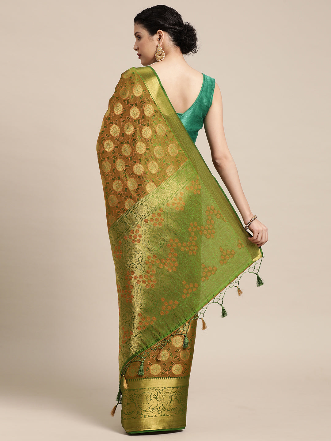 Mimosa Womens Art Silk Saree Kanjivaram Olive Color