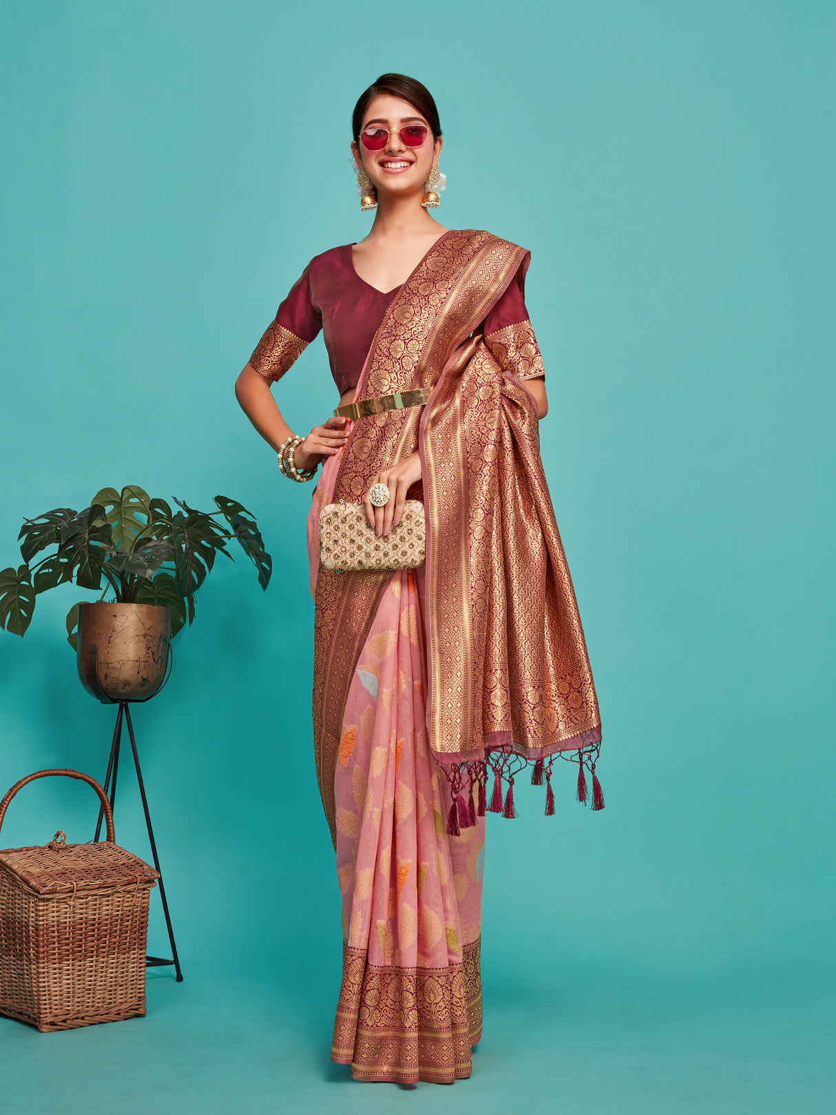 Mimosa Women's Woven Design Kanjivaram Linen Saree With Blouse Piece : SA00001245PNKFREE