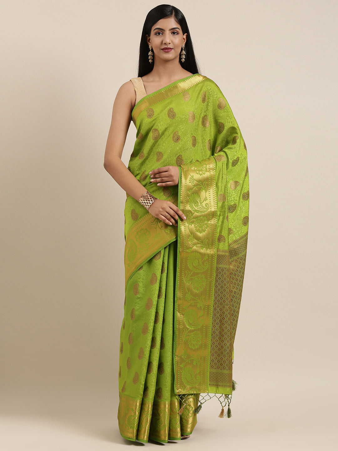 Mimosa Womens Art Silk Saree Kanjivaram Olive Color