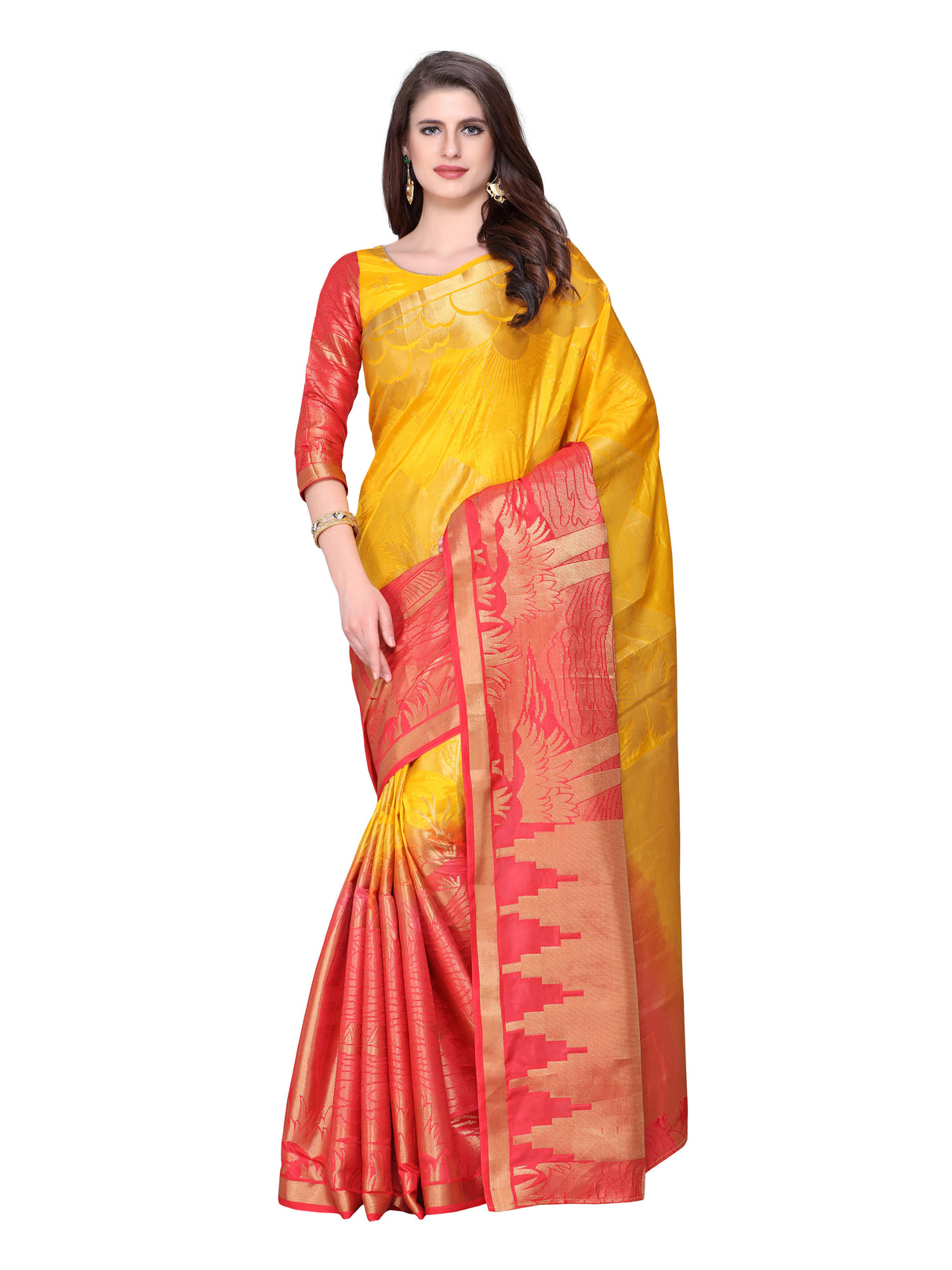 Mimosa Womens Art Silk Saree Kanjivaram Gold Color