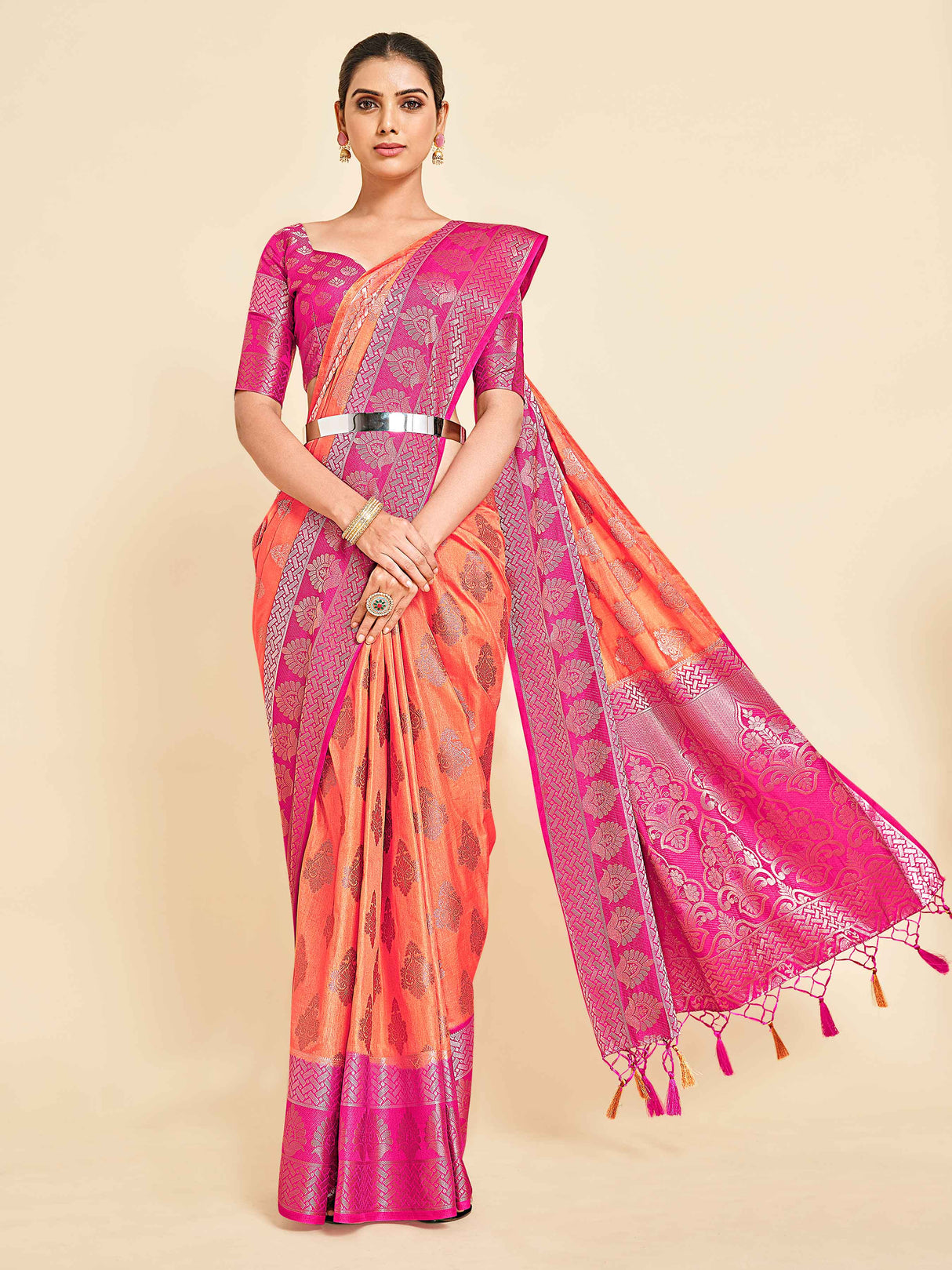 Mimosa Womens Art Silk Saree Kanjivaram Peach Color