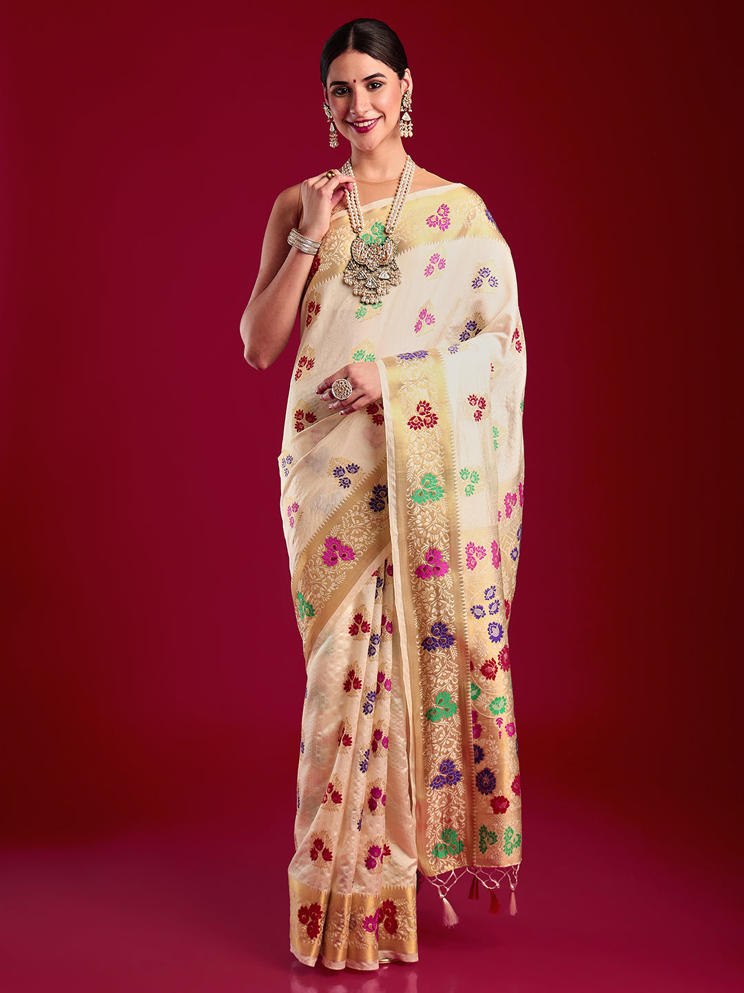 Mimosa Women's Woven Design Kanjivaram Art Silk Saree With Blouse Piece : SA00001186CRFREE