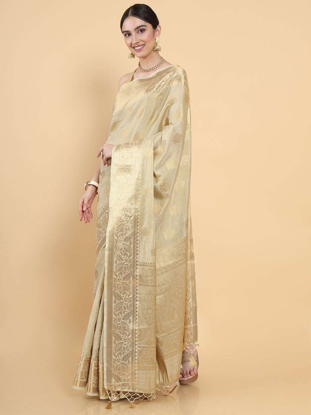 Mimosa Womens Art Silk Saree Kasavu Cream Color
