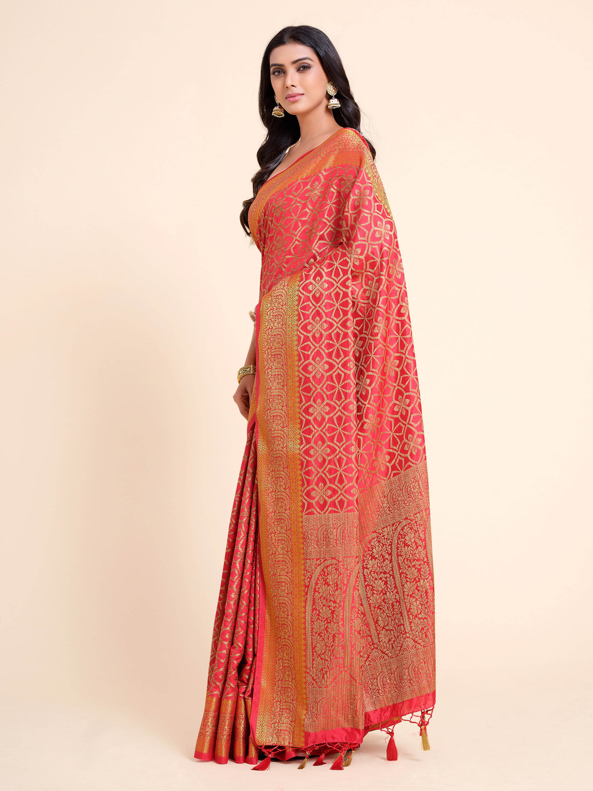 Mimosa Womens Art Silk Saree Kanjivaram Strawberry Color