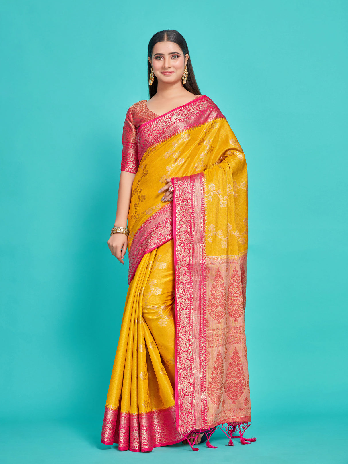 Mimosa Women's Woven Design Kanjivaram Style Art Silk Saree With Blouse Piece : SA0000394GDFREE