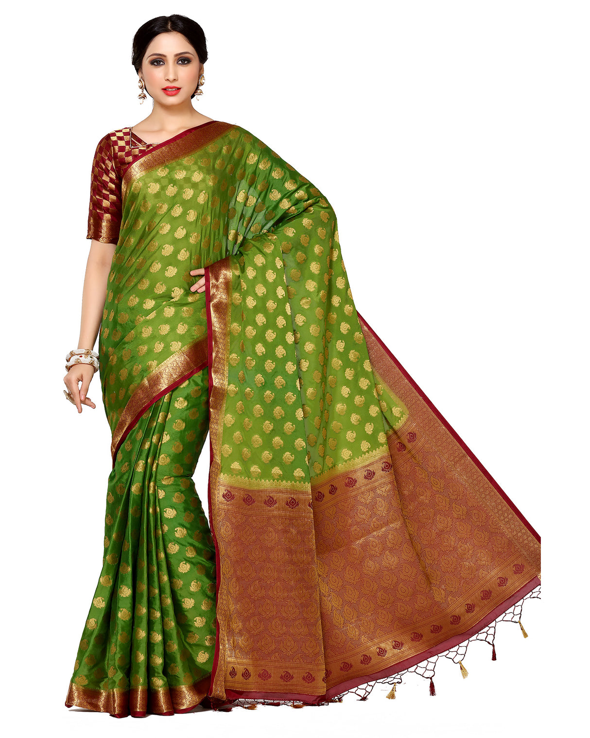 Mimosa Womens Crepe Saree Mysore Silk Olive Color