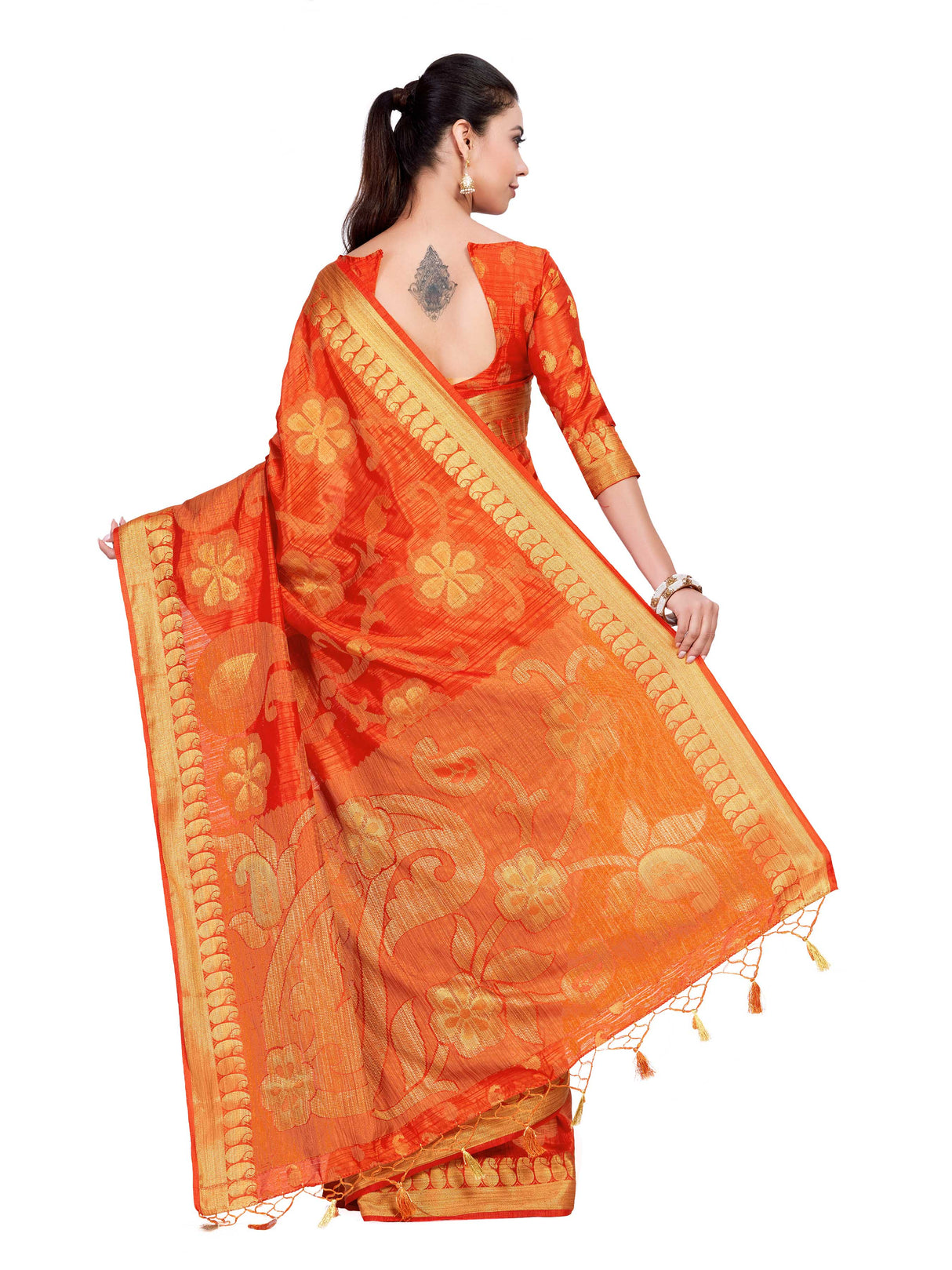 Mimosa Womens Art Silk Saree Kanjivaram Orange Color