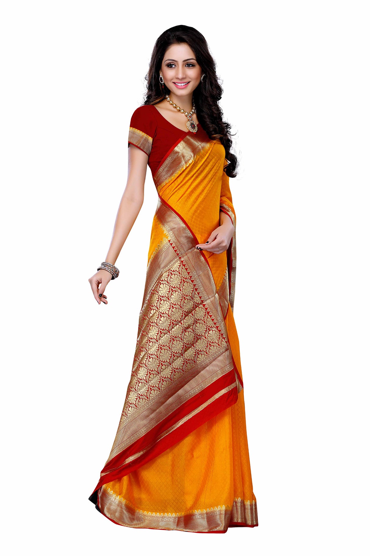 Mimosa Womens Crepe Saree Mysore Silk Gold Color