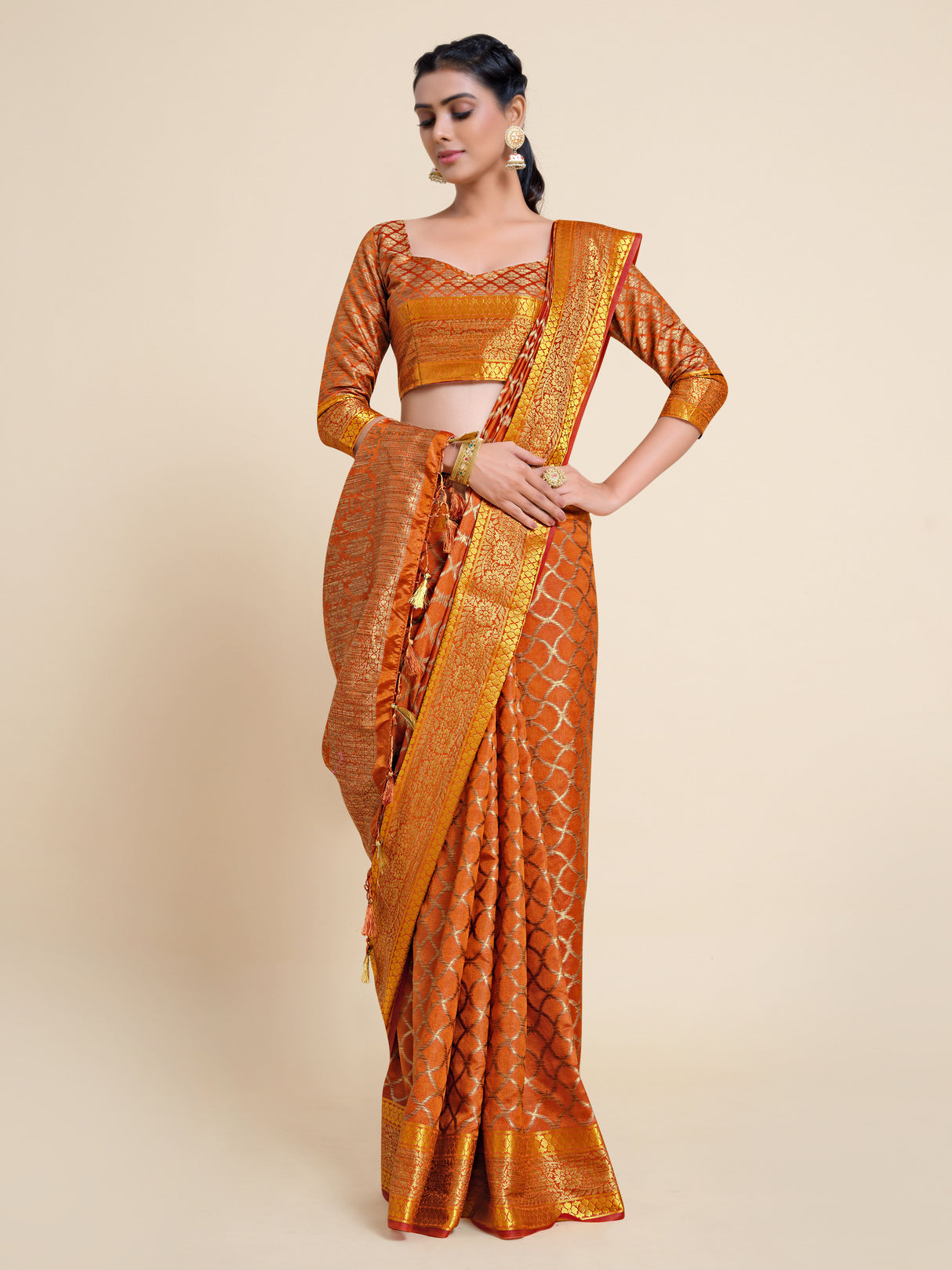 Mimosa Womens Art Silk Saree Kanjivaram Rust Color