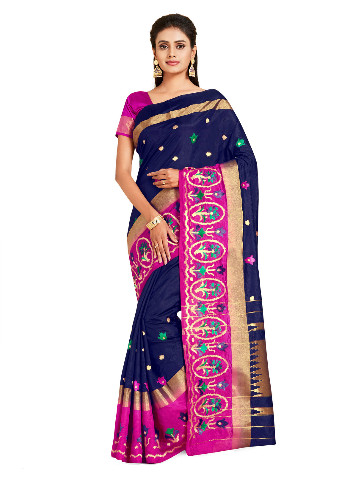 Mimosa Womens Art Silk Saree Kanjivaram style Navy Blue Color