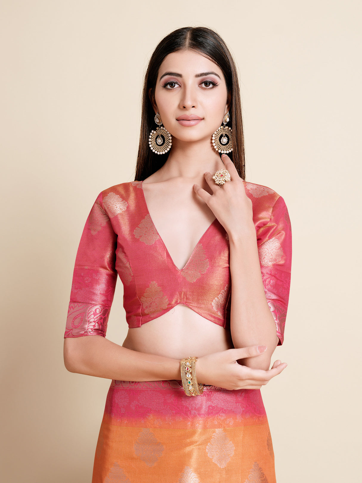 Mimosa Womens Art Silk Saree Kanjivaram Peach Color