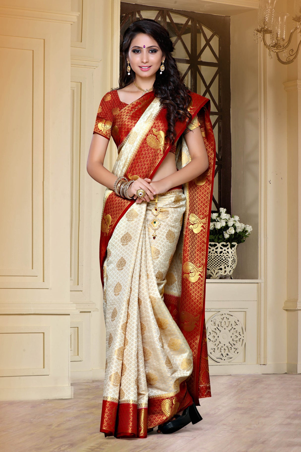 Mimosa Womens Art Silk Saree Kanjivaram Halfwhite Color