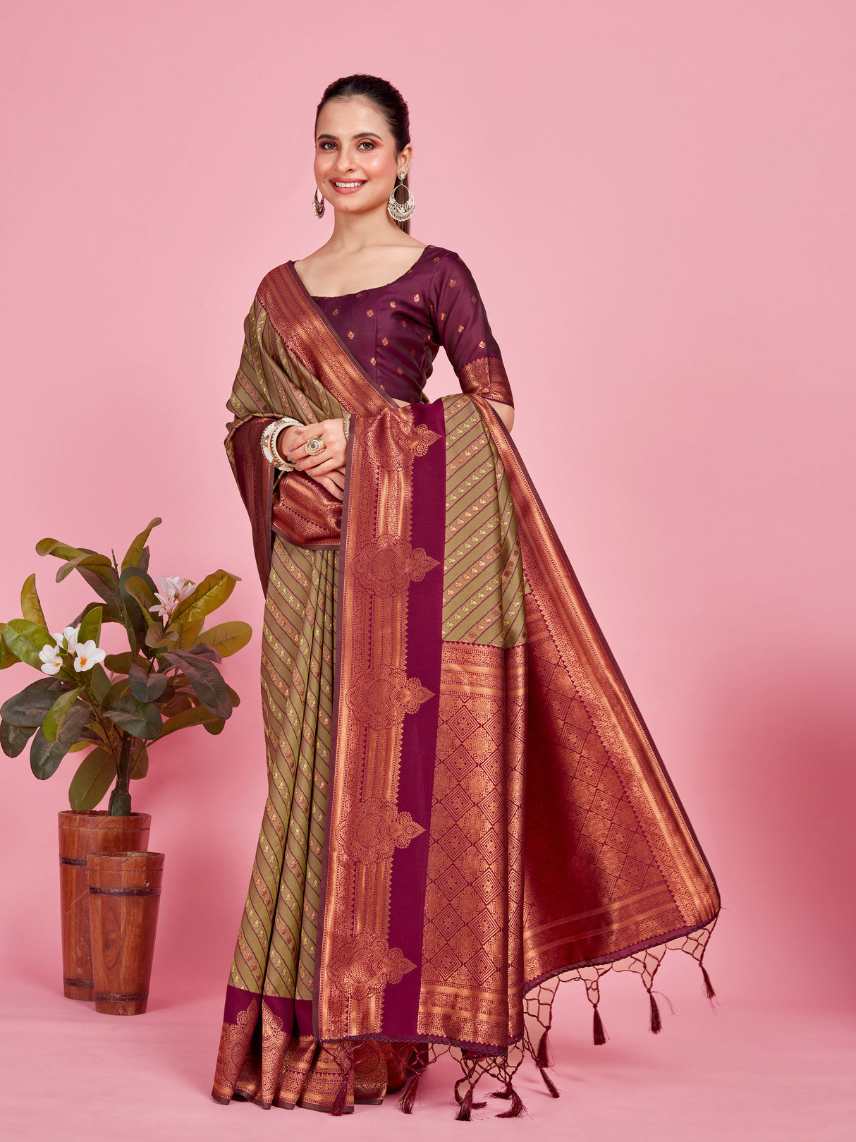Mimosa Women's Woven Design Kanjivaram Style Art Silk Saree With Blouse Piece : SA00001252OLFREE