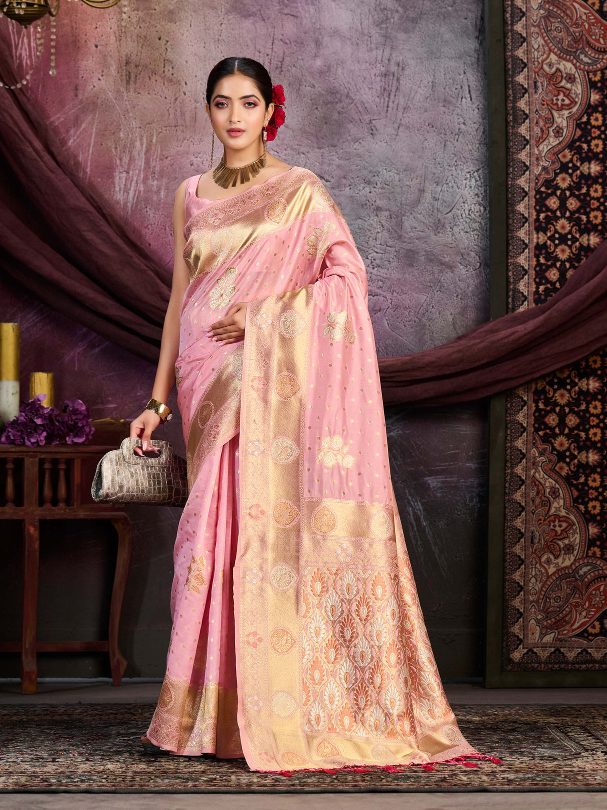 Mimosa Women's Woven Design Kanjivaram Art Silk Saree With Blouse Piece : SA0000905PNK