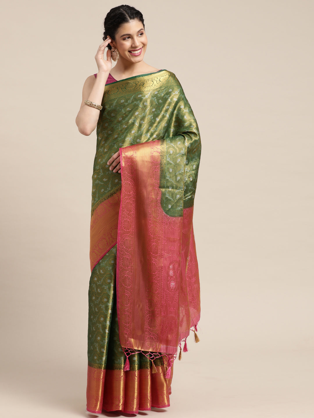 Mimosa Womens Art Silk Saree Kanjivaram Green Color